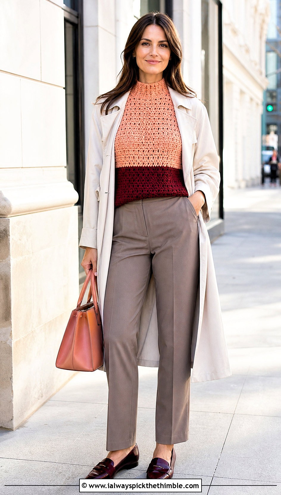 Two Toned Mock Neck Crochet Top With Trench Coat And Trousers - 20 Two Toned Crochet Top outfit ideas