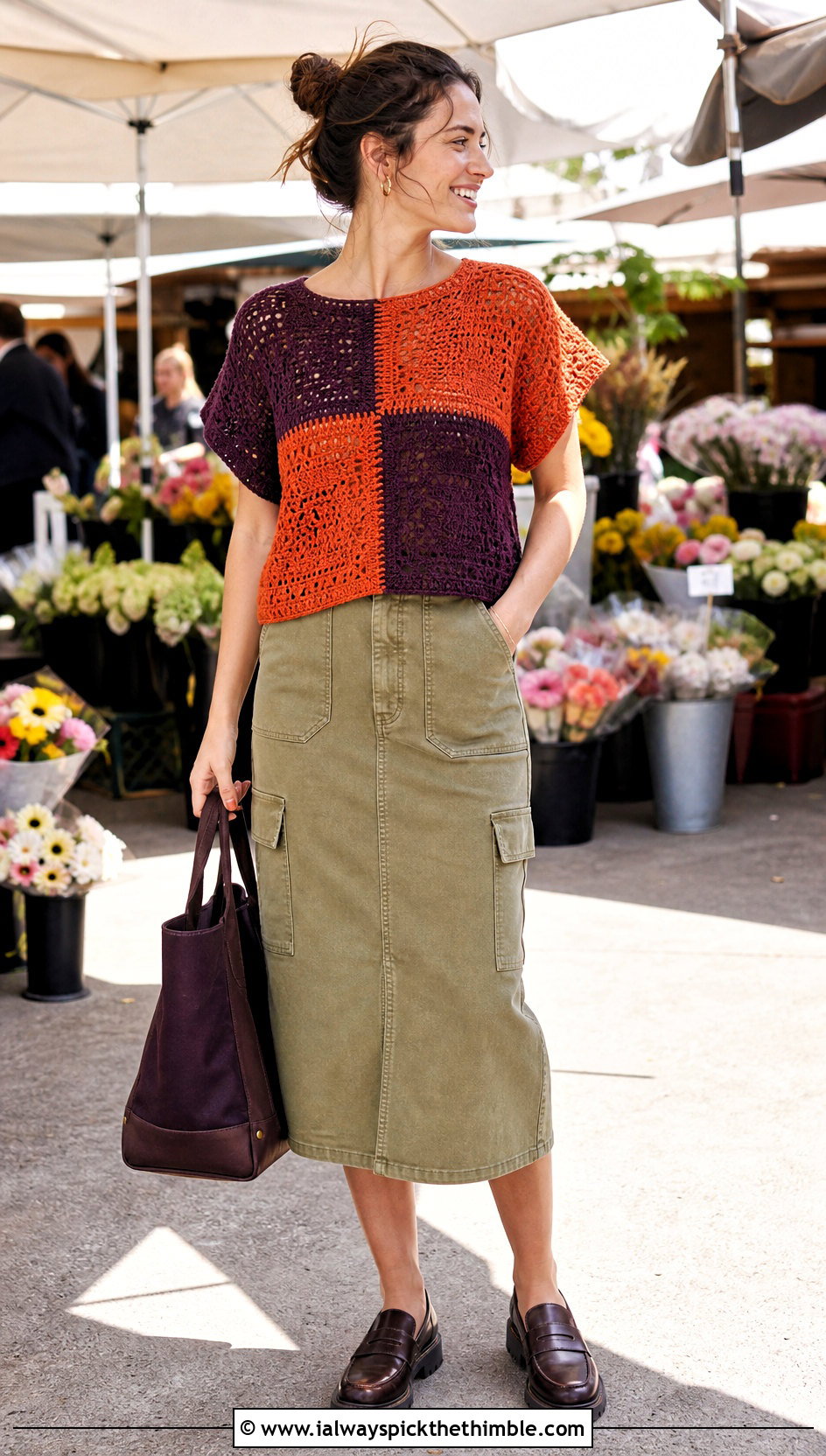 Two Toned Patchwork Crochet Boxy Top With Utility Midi Skirt - 20 Two Toned Crochet Top outfit ideas