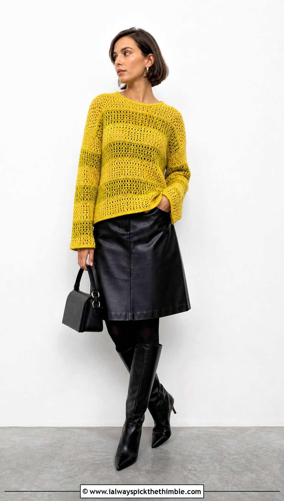 Two Yarn Pixie Crochet Sweater With A Line Leather Skirt - 20 Pixie Crochet Sweater outfit ideas