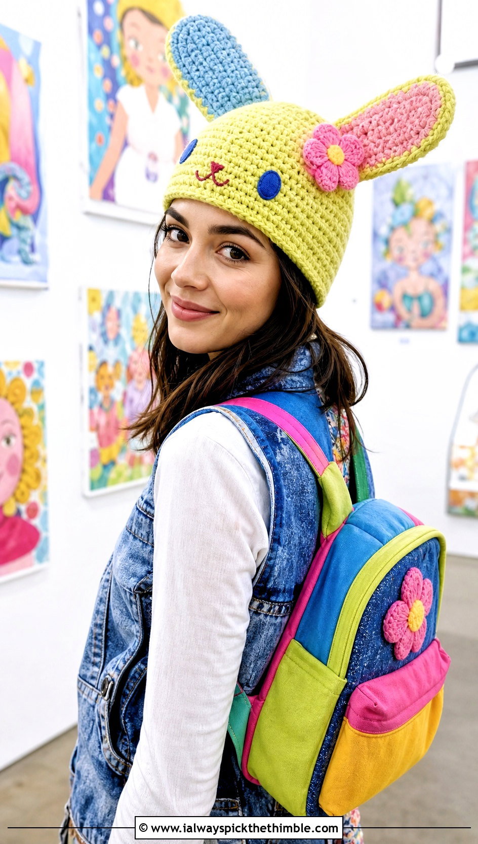 USAHANA Bunny Ear Crochet Beanie With Patchwork Denim - 20 sanrio crochet beanie outfit ideas