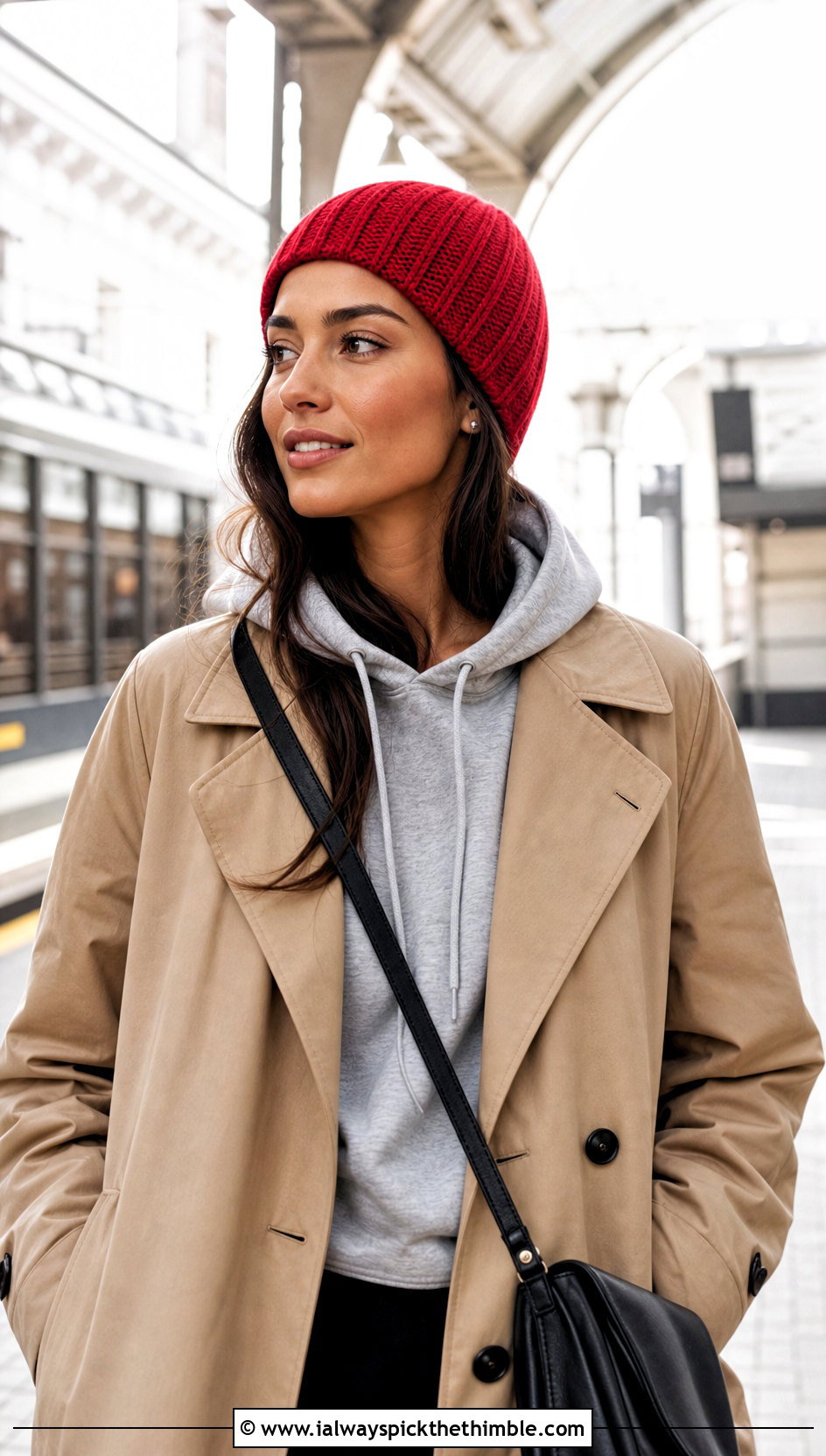 Uncuffed Crochet Ribbed Beanie With Hoodie And Trench - 25 crochet ribbed beanie outfit ideas