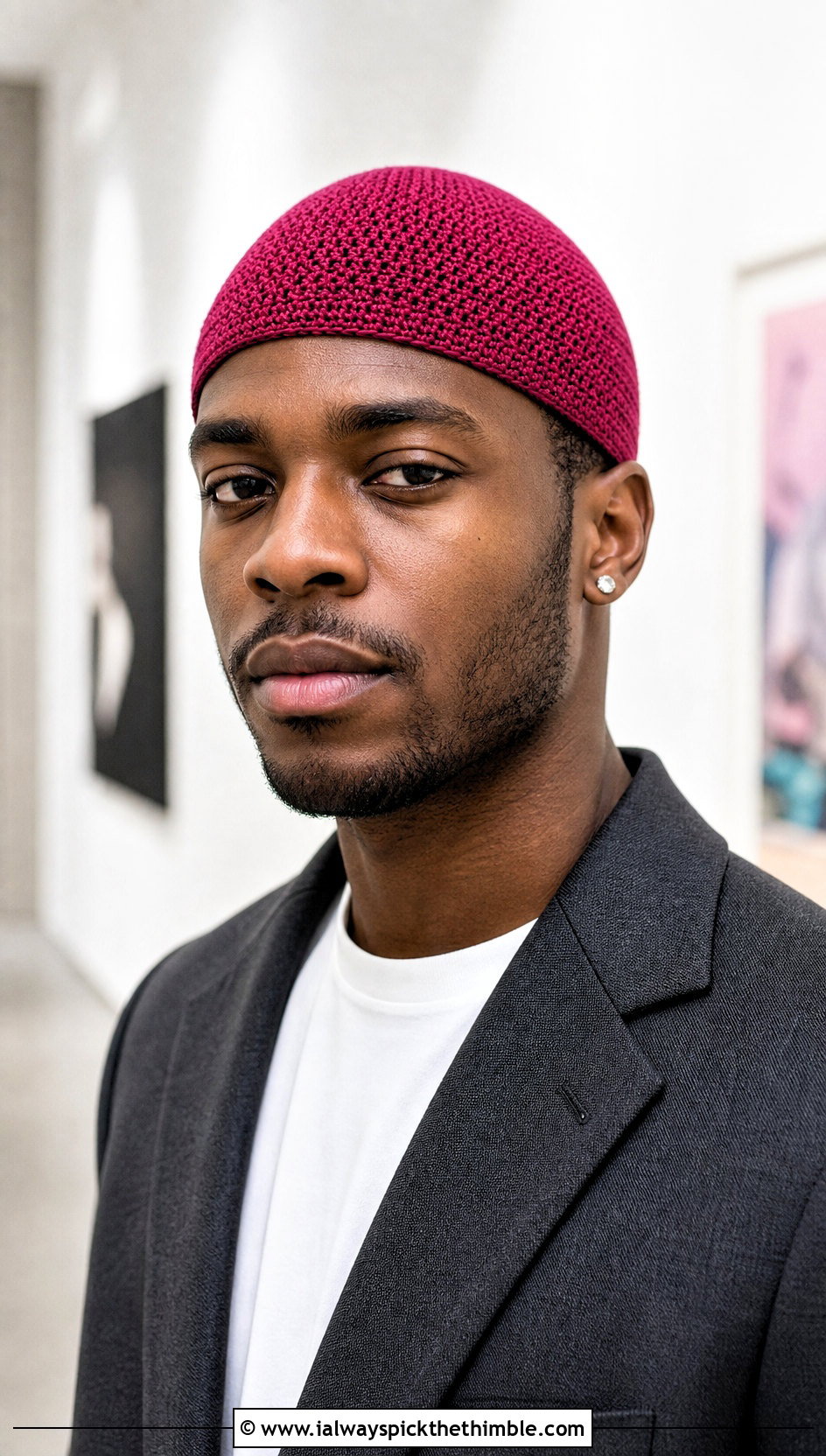 Uncuffed Crochet Skullcap With Blazer - 25 Men Crochet Beanie outfit ideas