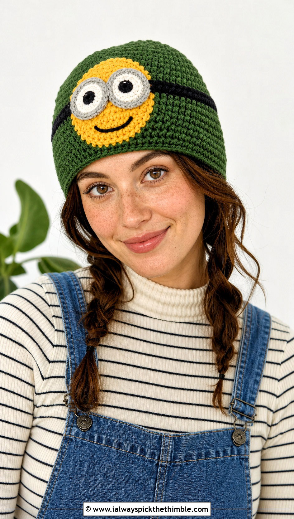 Uncuffed Minion Crochet Beanie With Denim Overalls - 20 minion crochet beanie outfit ideas