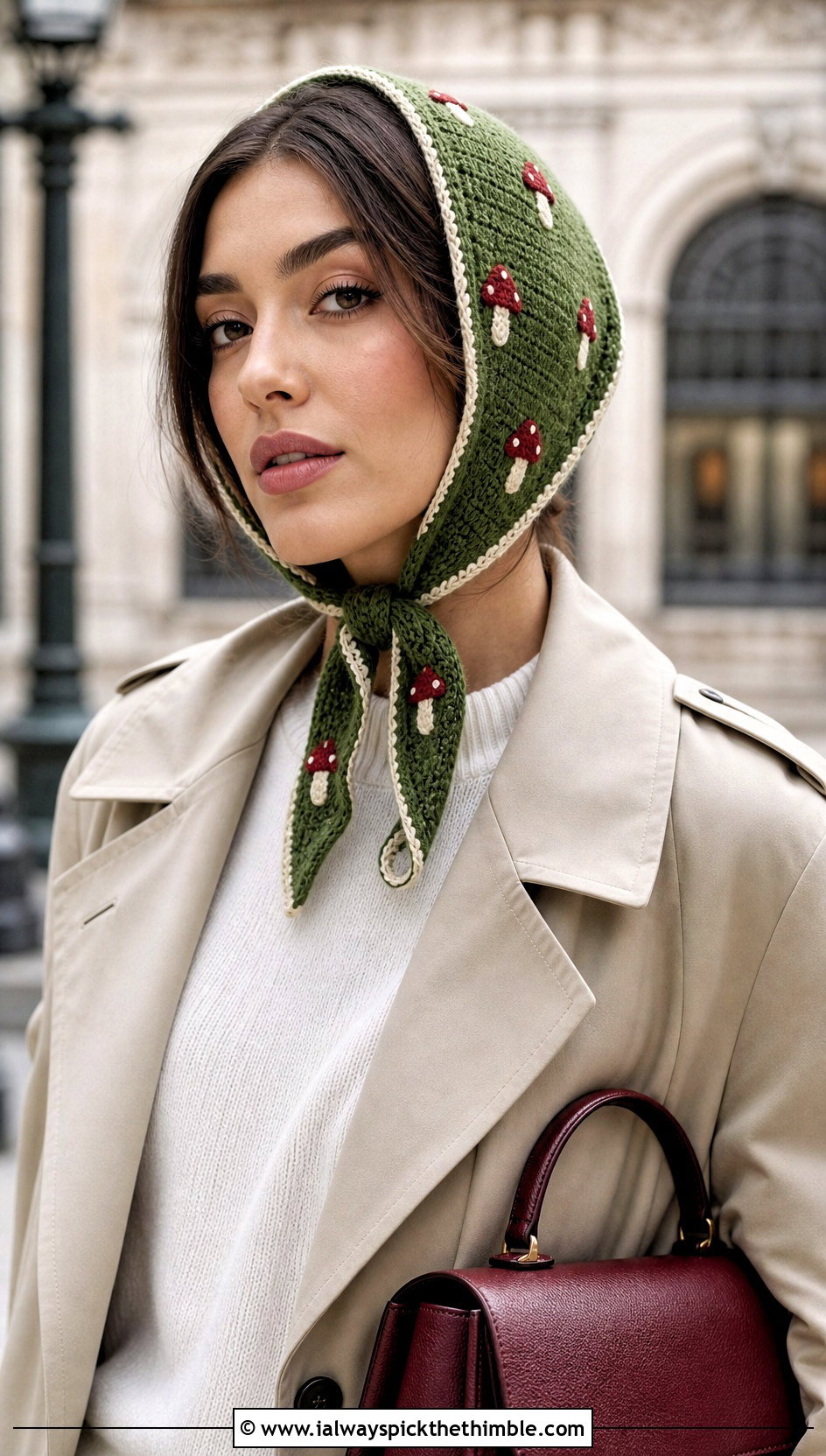 Under Chin Crochet Mushroom Triangle Scarf With Trench Coat - 15 Crochet Mushroom Head Scarf outfit ideas