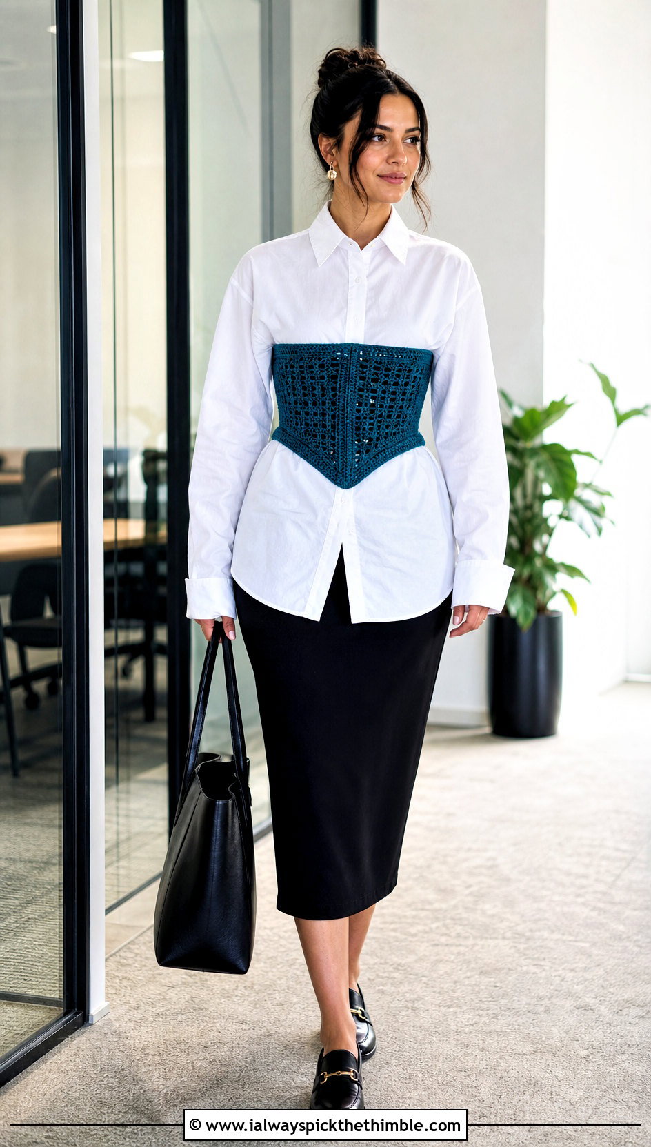 Underbust Crochet Corset Over A Button Down Shirt - 25 crochet corset outfit ideas