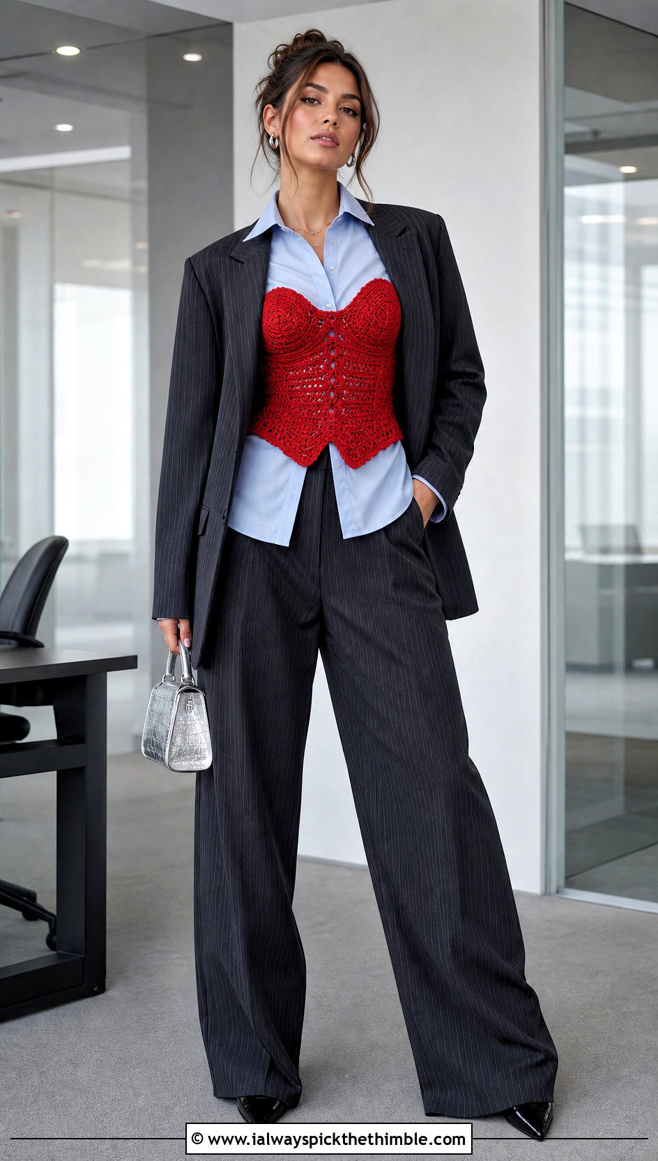 Underbust Crochet Corset Top With Pinstripe Suit - 20 Y2K Crochet Top outfit ideas
