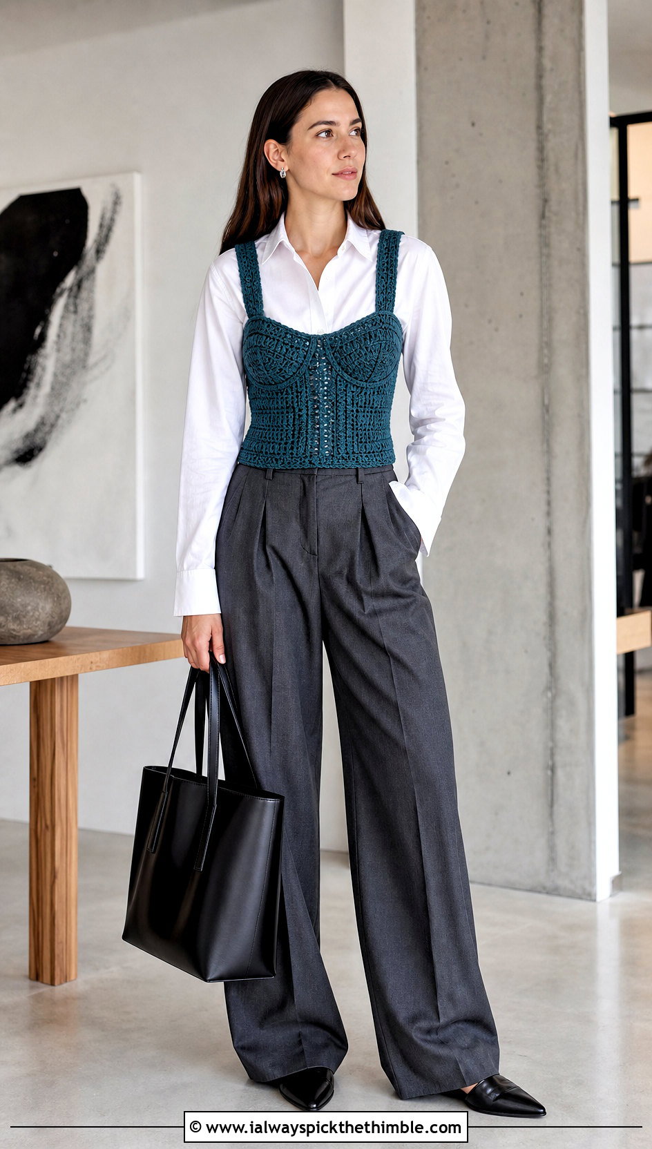 Underbust Crochet Corset Vest With White Button Down Shirt - 20 crochet corset vest outfit ideas
