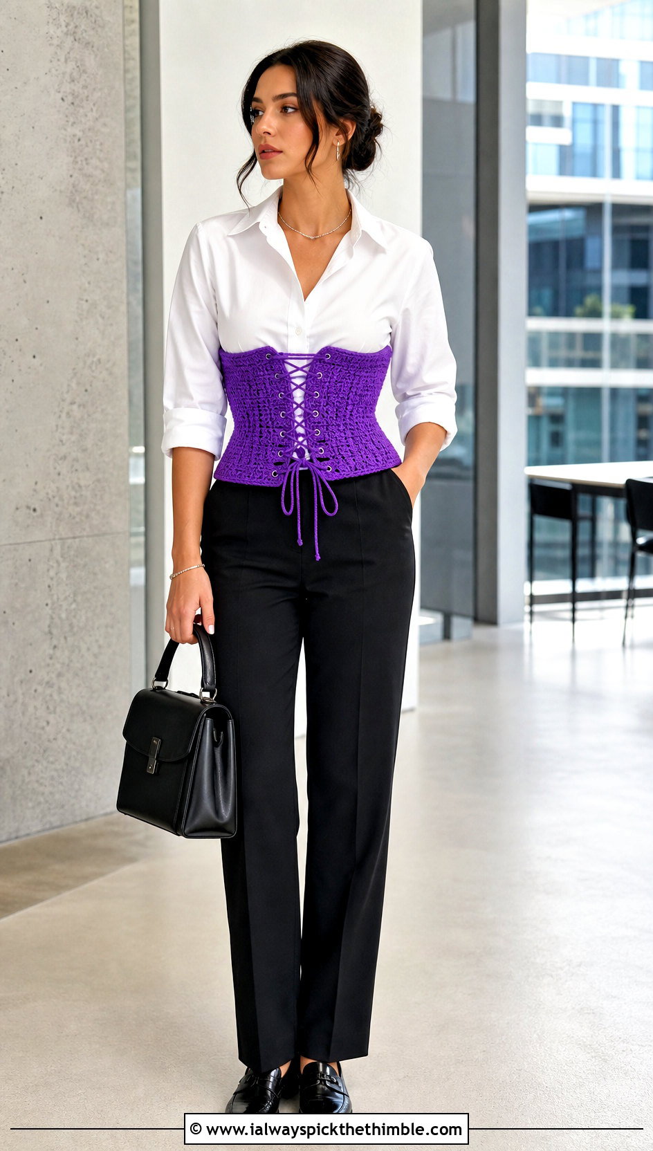 Underbust Crochet Corset With White Button Down Shirt - 20 easy crochet corset outfit ideas