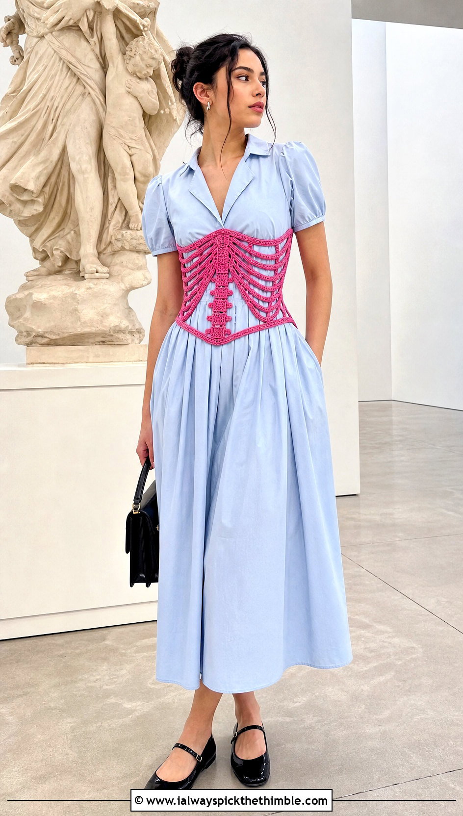 Underbust Crochet Skeleton Corset With Poplin Dress - 15 crochet skeleton corset outfit ideas