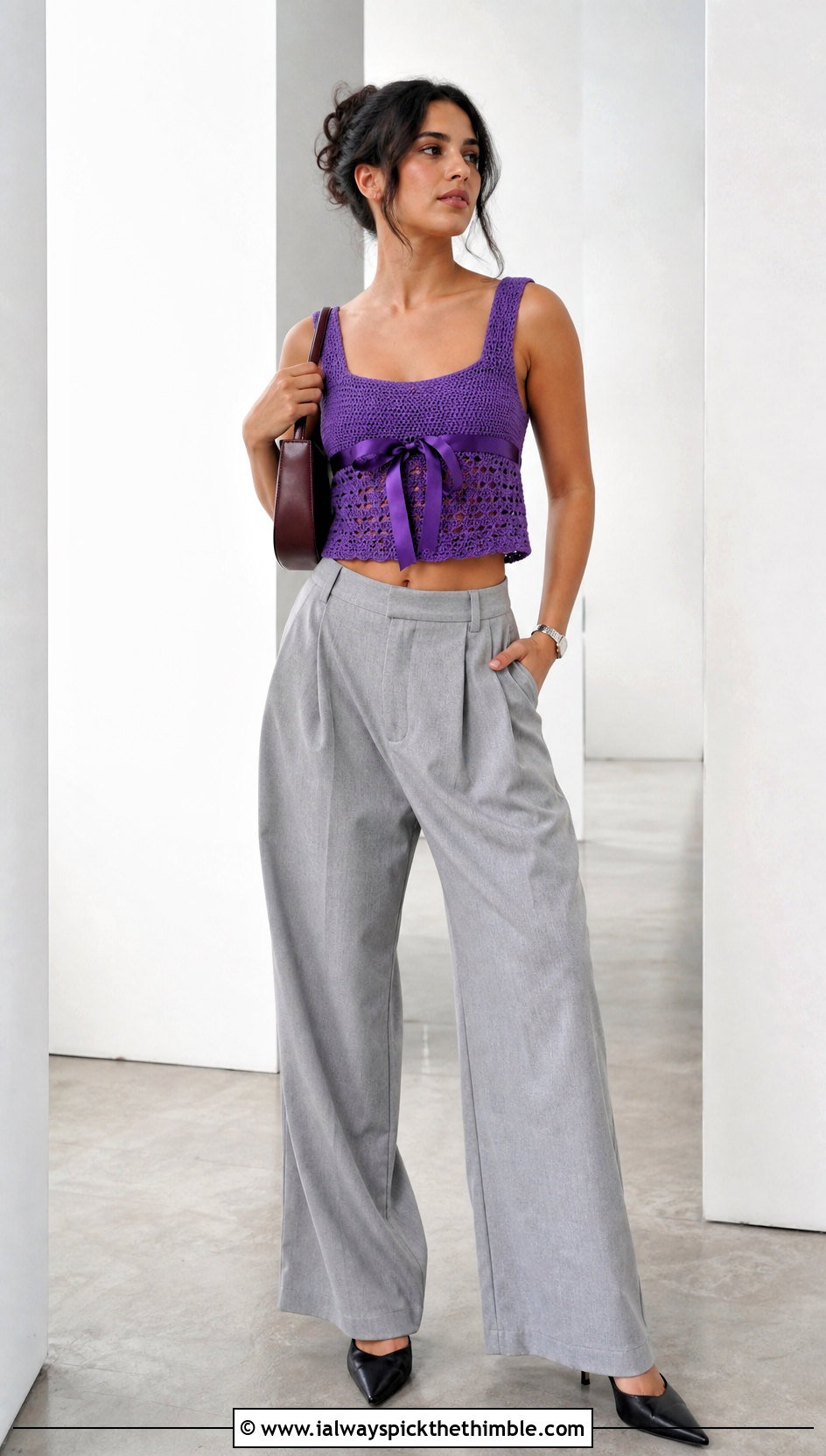 Underbust Ribbon Crochet Tank With Tailored Trousers - 25 crochet top with ribbon outfit ideas