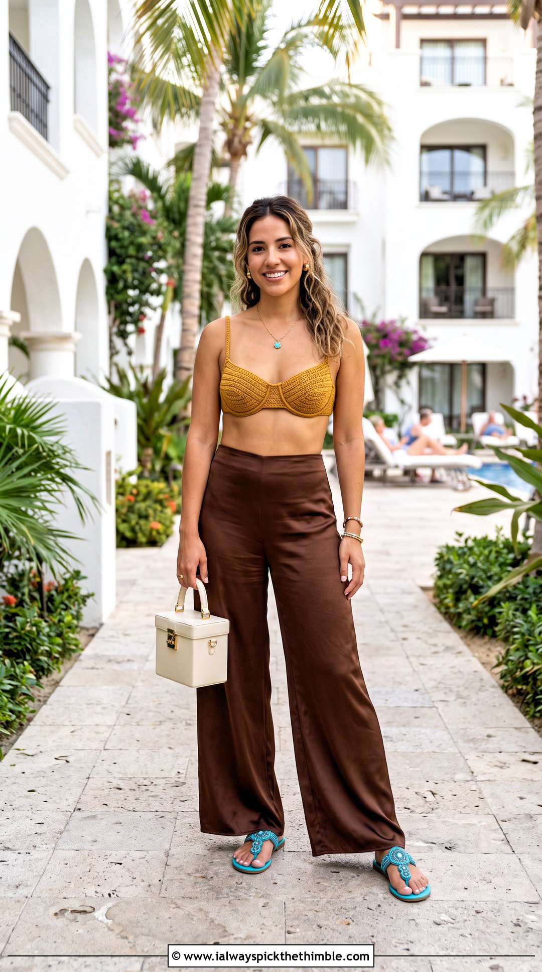 Underwire Crochet Bikini With Satin Wide Leg Pants - 20 summer crochet bikinis outfit ideas