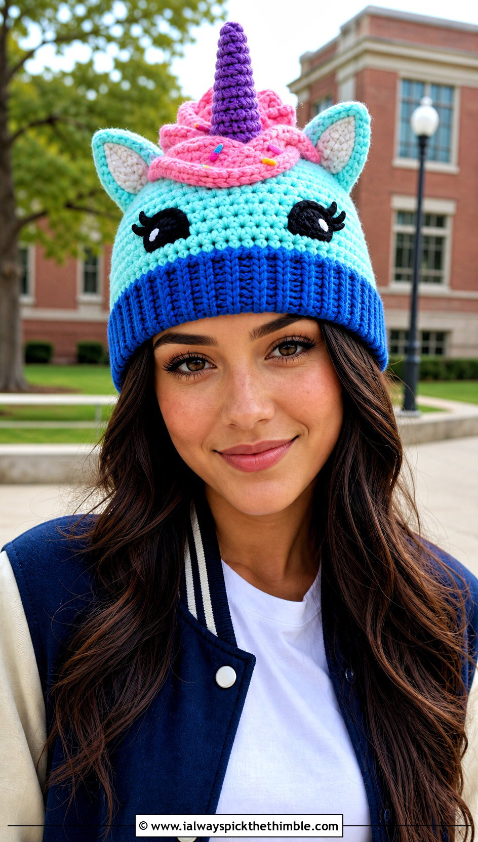 Unicorn Crochet Cupcake Beanie With Varsity Jacket - 20 crochet cupcake hat outfit ideas