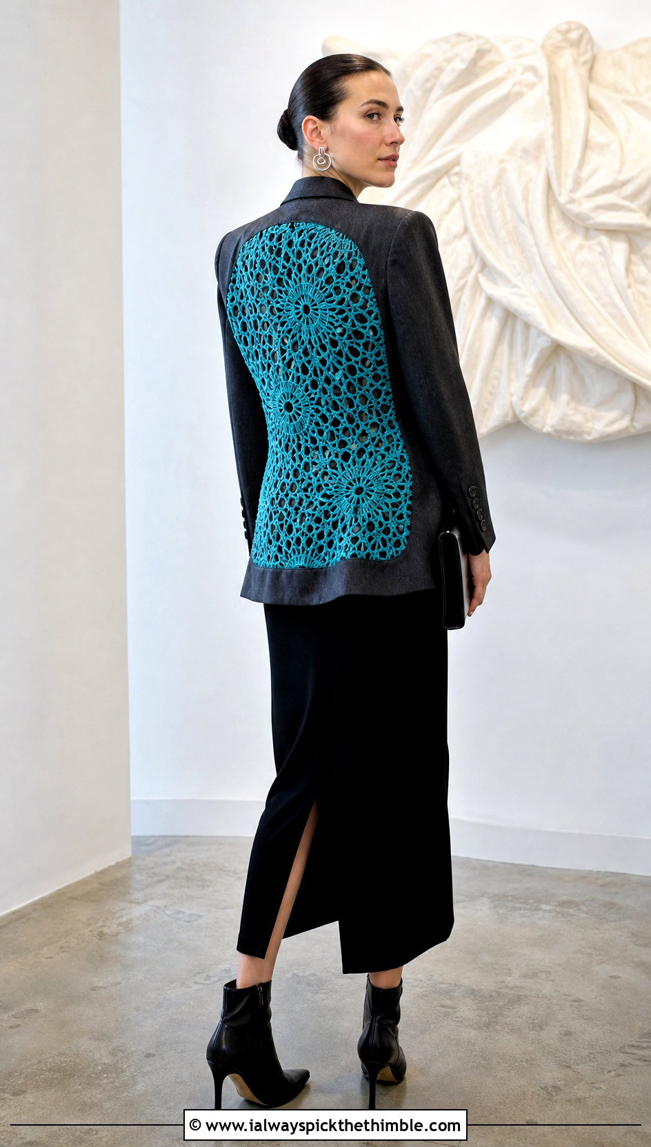 Upcycled Blazer With Crochet Back Panel And A Column Dress - 20 upcycling clothes with crochet outfit ideas