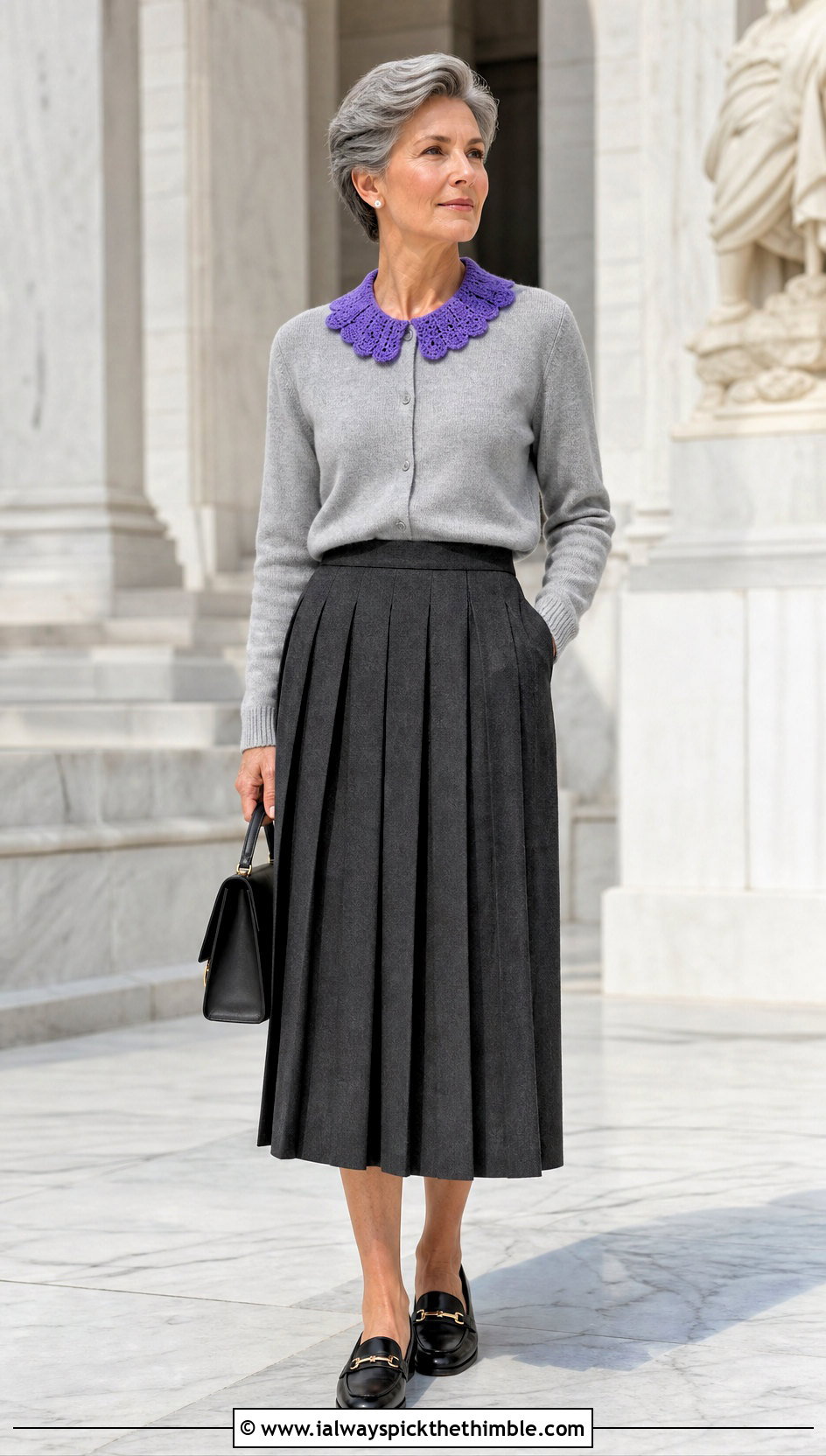 Upcycled Cardigan With Crochet Collar And A Pleated Midi Skirt - 20 upcycling clothes with crochet outfit ideas