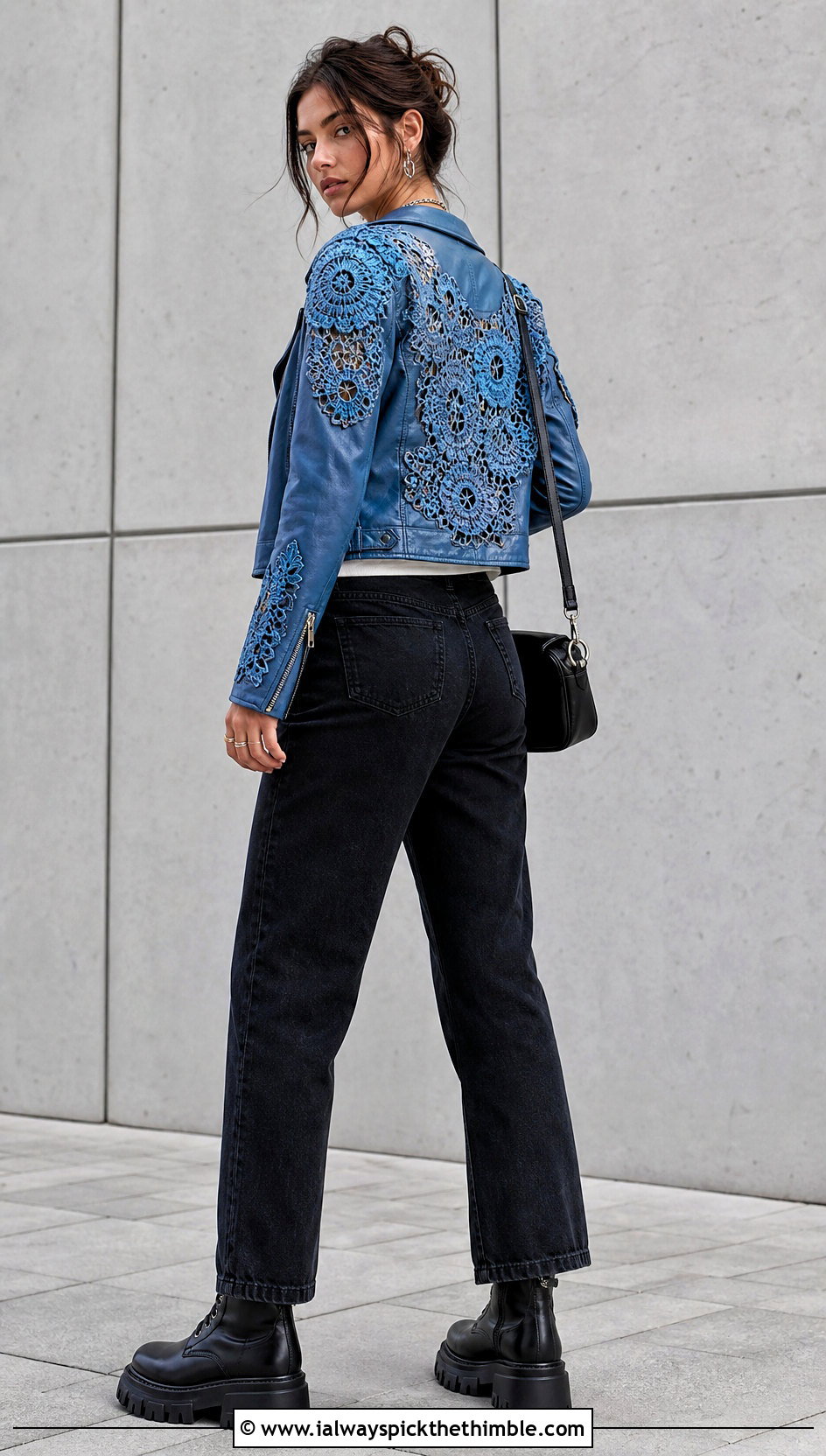 Upcycled Crochet Applique Leather Jacket With Black Jeans - 20 upcycle crochet clothes and outfit ideas