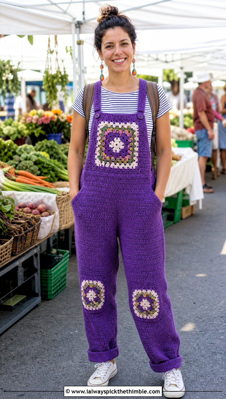 Upcycled Crochet Bib Overalls With Striped T Shirt - 20 upcycle crochet clothes and outfit ideas