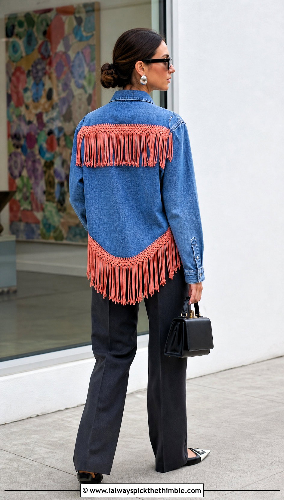 Upcycled Crochet Fringe Denim Shirt With Tailored Pants - 20 upcycle crochet clothes and outfit ideas
