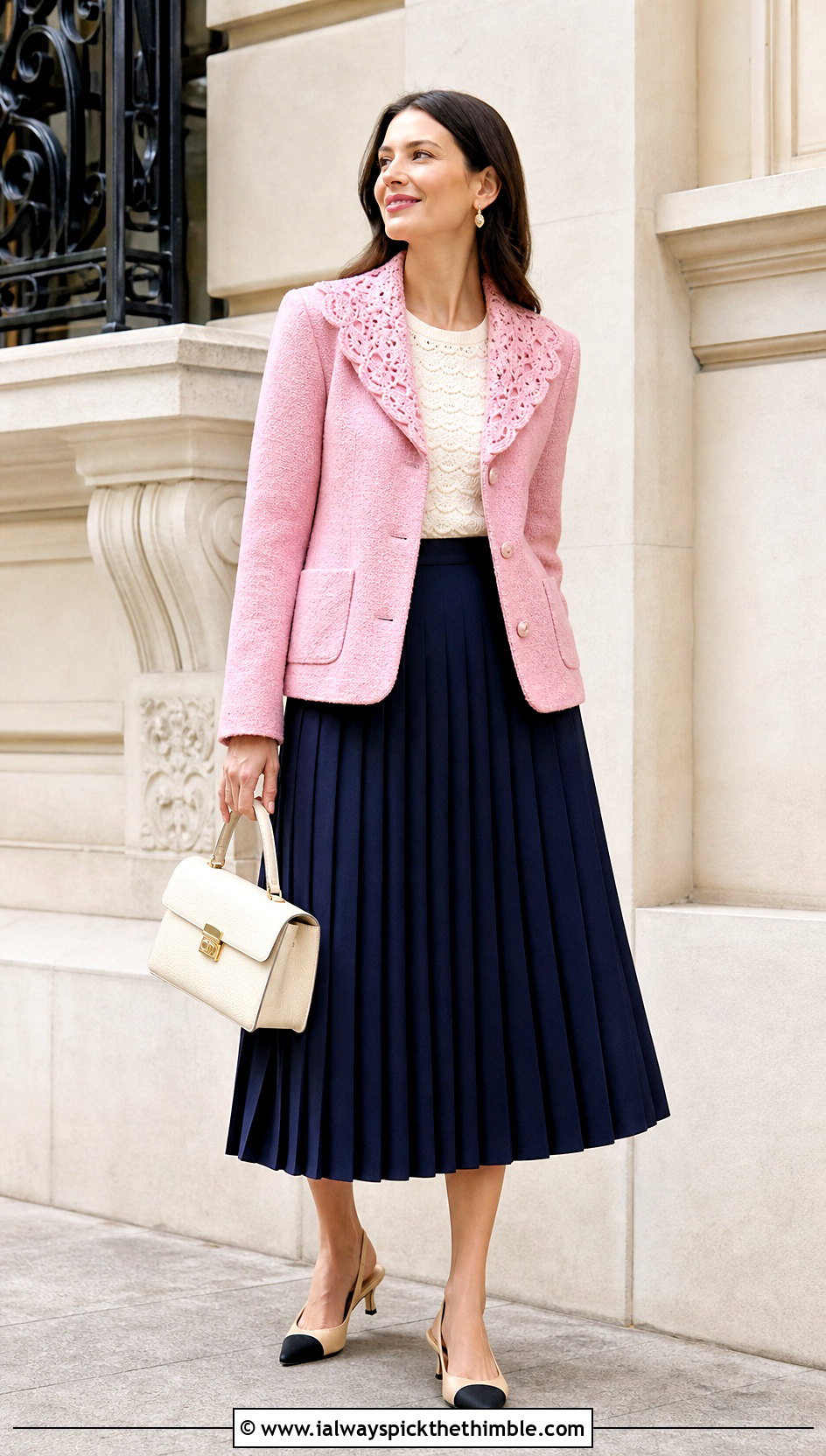 Upcycled Crochet Lace Collar Blazer With Pleated Midi Skirt - 20 upcycle crochet clothes and outfit ideas