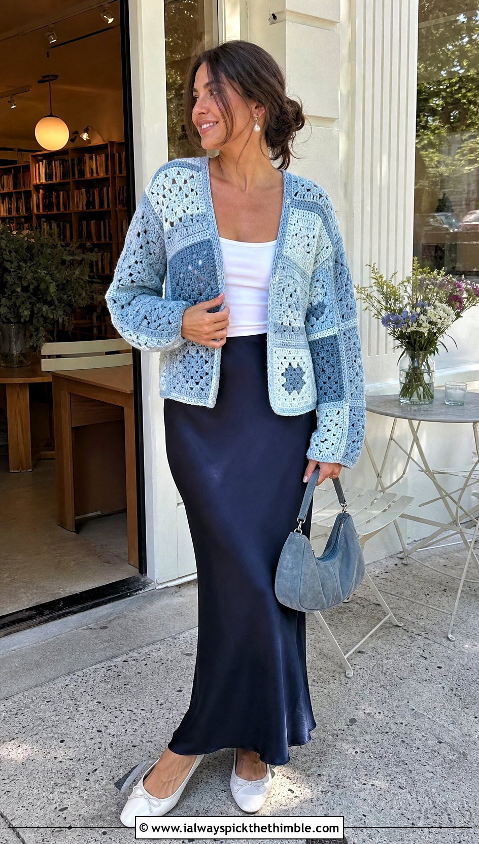 Upcycled Crochet Patchwork Cardigan With Satin Slip Skirt - 20 upcycle crochet clothes and outfit ideas