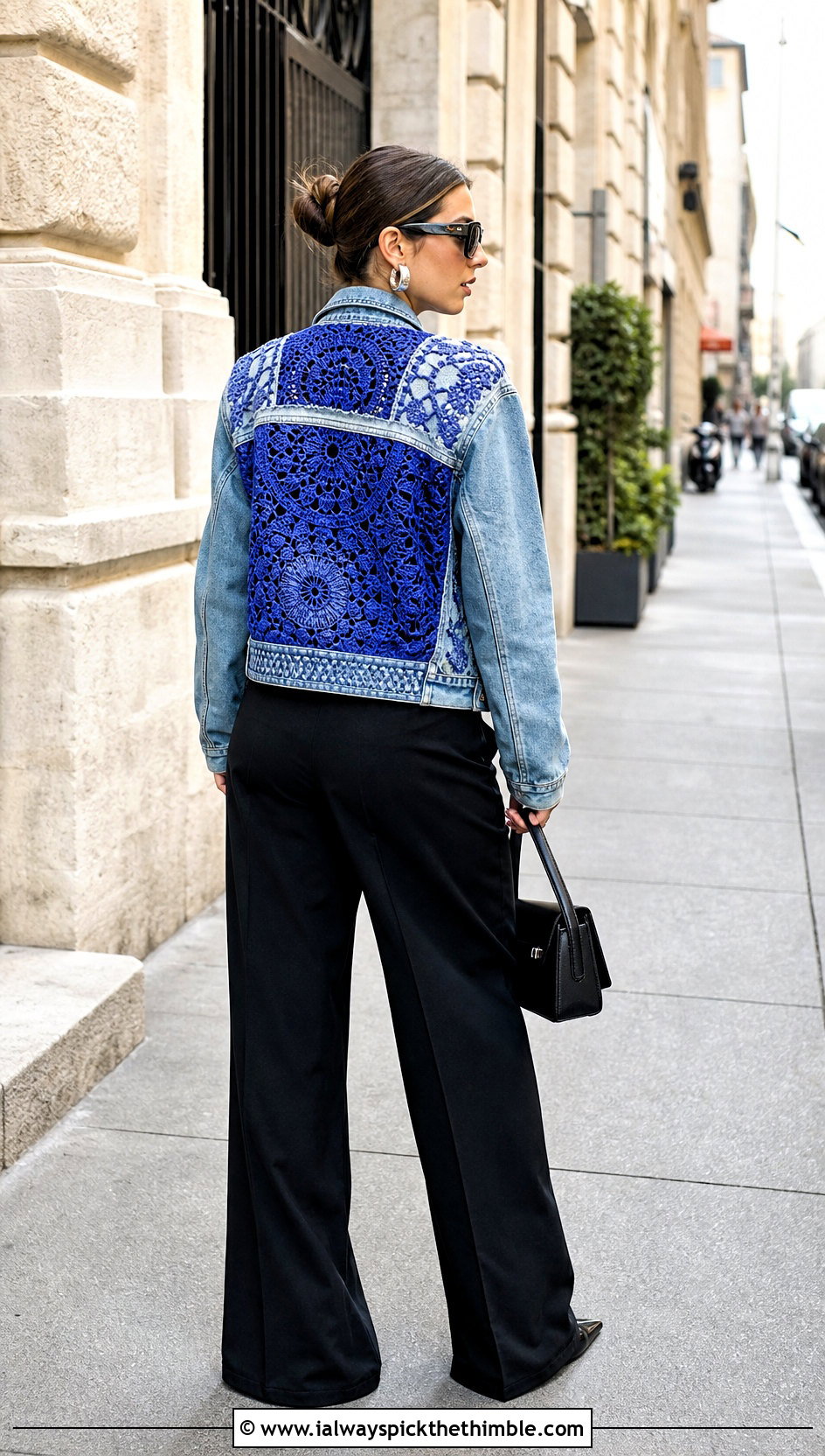 Upcycled Crochet Patchwork Denim Jacket With Wide Leg Pants - 20 upcycle crochet clothes and outfit ideas
