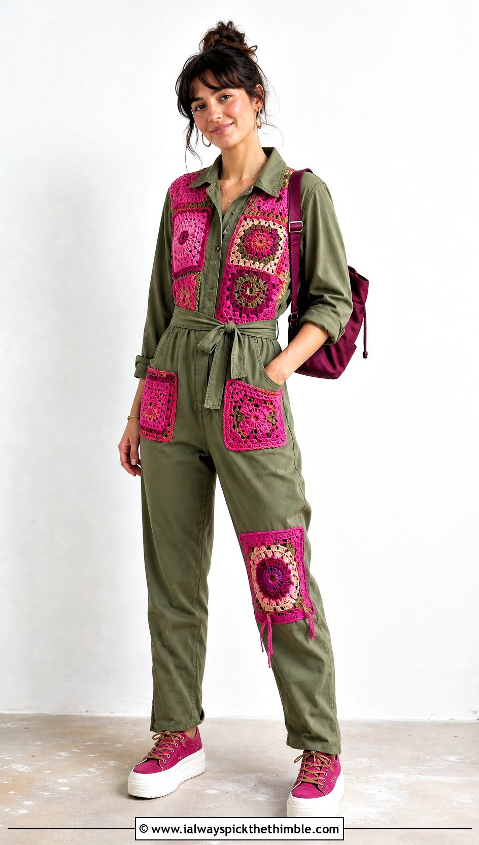 Upcycled Crochet Patchwork Jumpsuit With Platform Sneakers - 20 upcycle crochet clothes and outfit ideas