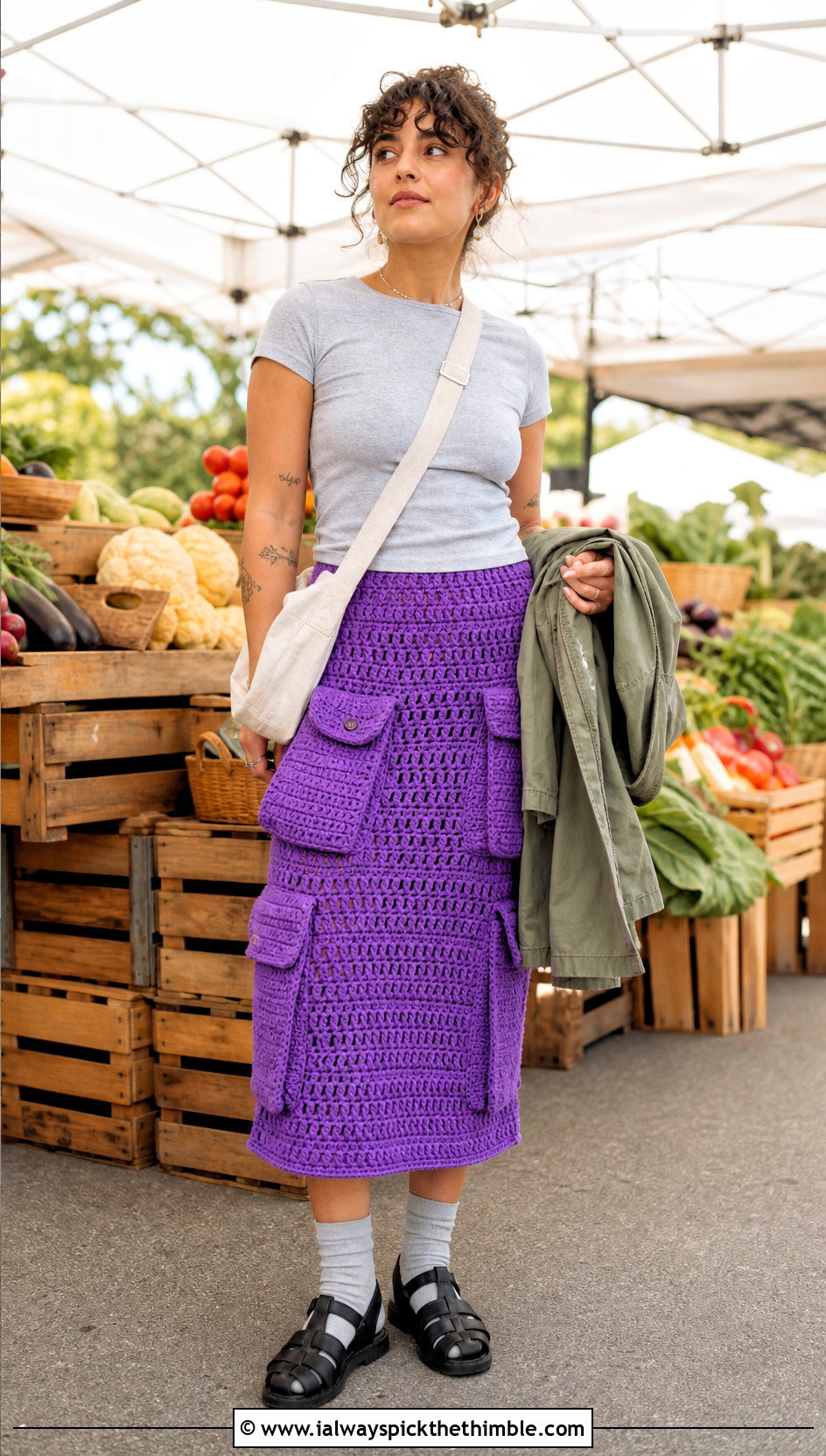 Upcycled Crochet Pocket Cargo Skirt With Fitted T Shirt - 20 upcycle crochet clothes and outfit ideas