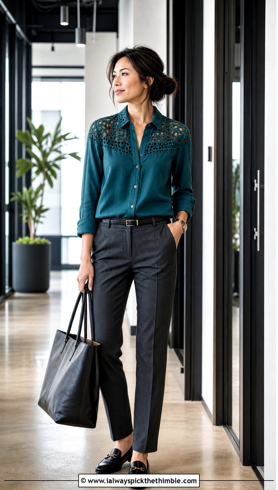Upcycled Crochet Yoke Button Down Shirt With Tailored Trousers - 20 upcycle crochet clothes and outfit ideas