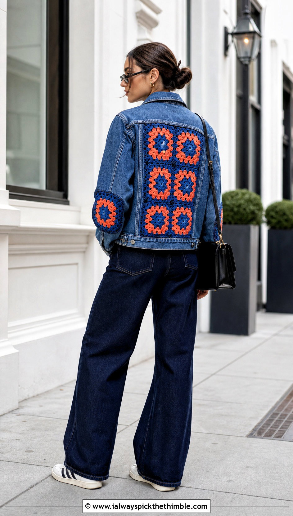 Upcycled Denim Jacket With Crochet Granny Squares And Wide Leg Jeans - 20 upcycling clothes with crochet outfit ideas
