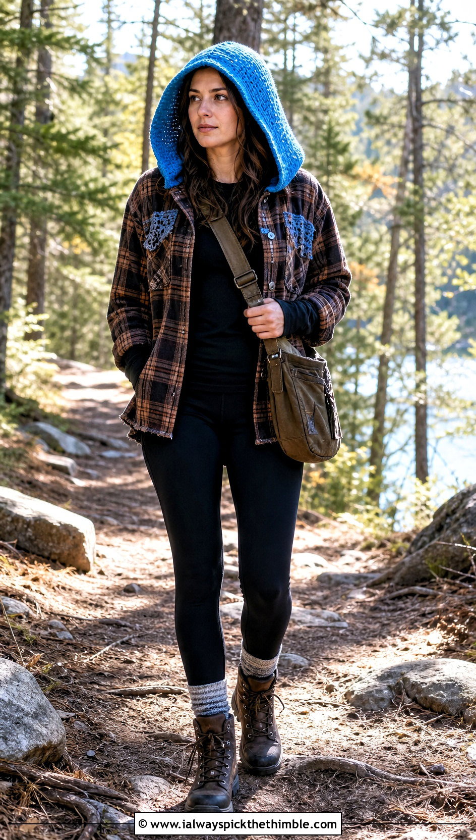 Upcycled Flannel Shacket With Crochet Hood And Black Leggings - 20 upcycling clothes with crochet outfit ideas