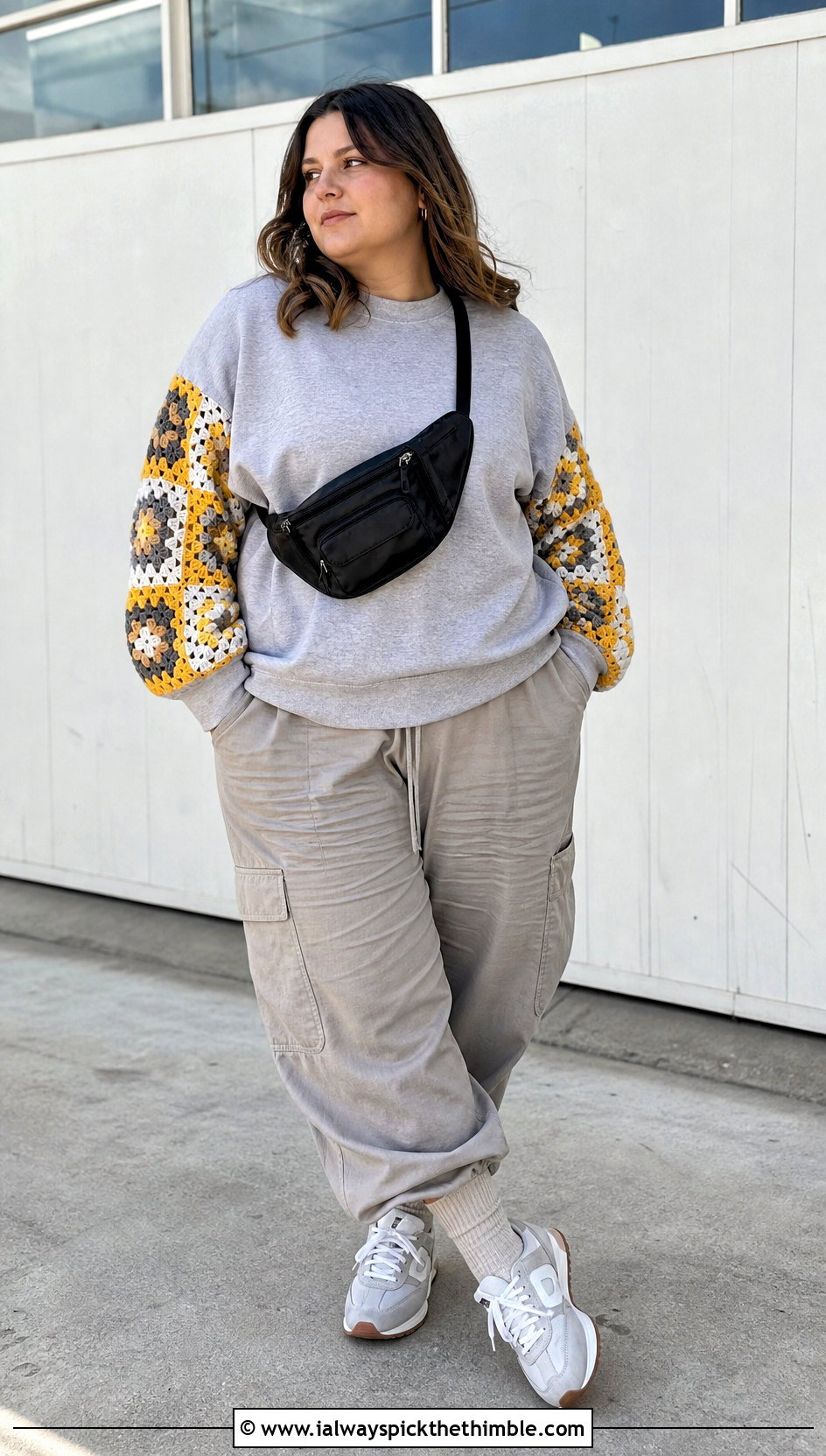 Upcycled Granny Square Sleeve Sweatshirt With Cargo Pants - 20 upcycle crochet clothes and outfit ideas