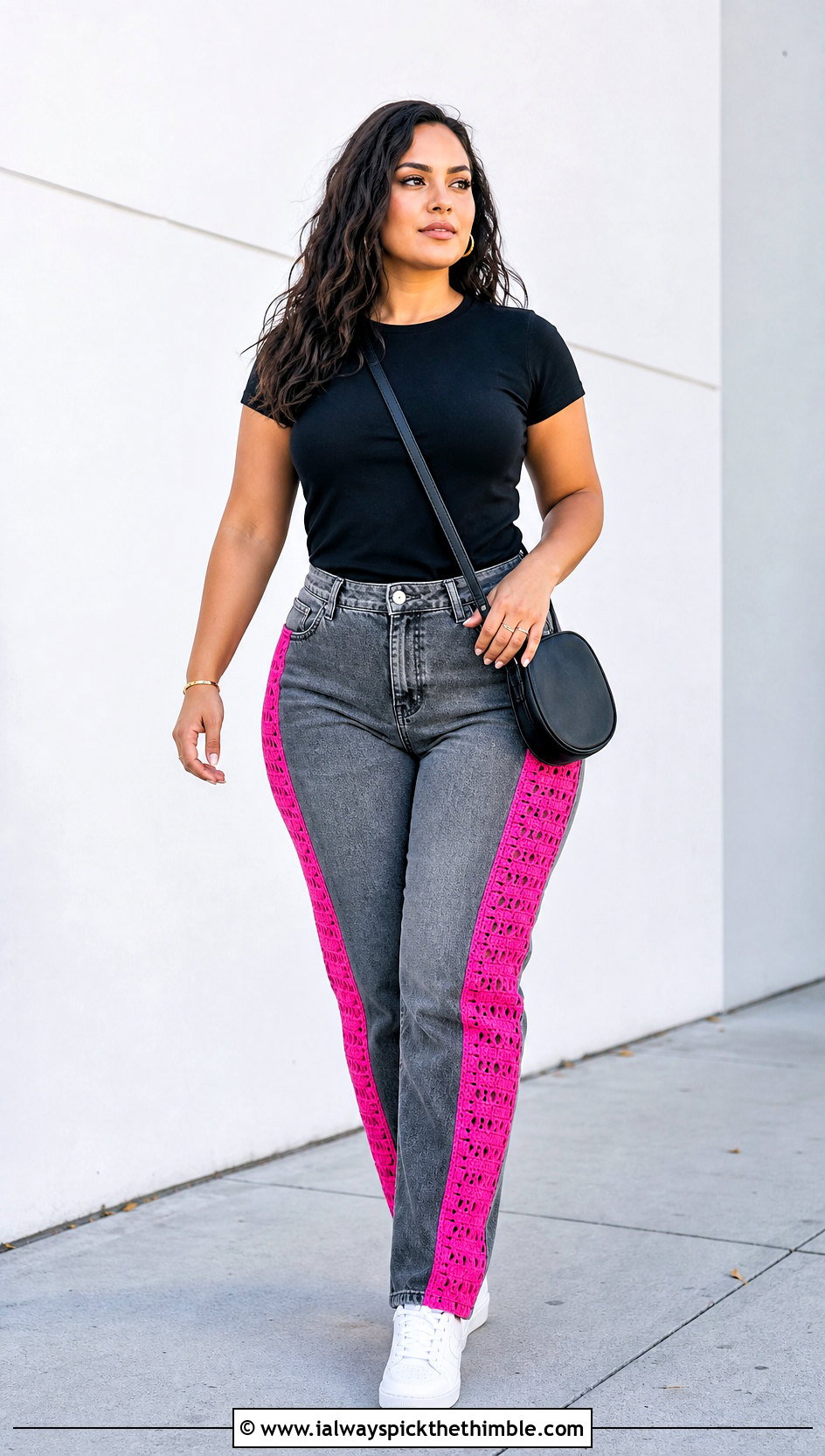 Upcycled Jeans With Crochet Side Panels And A Fitted T Shirt - 20 upcycling clothes with crochet outfit ideas