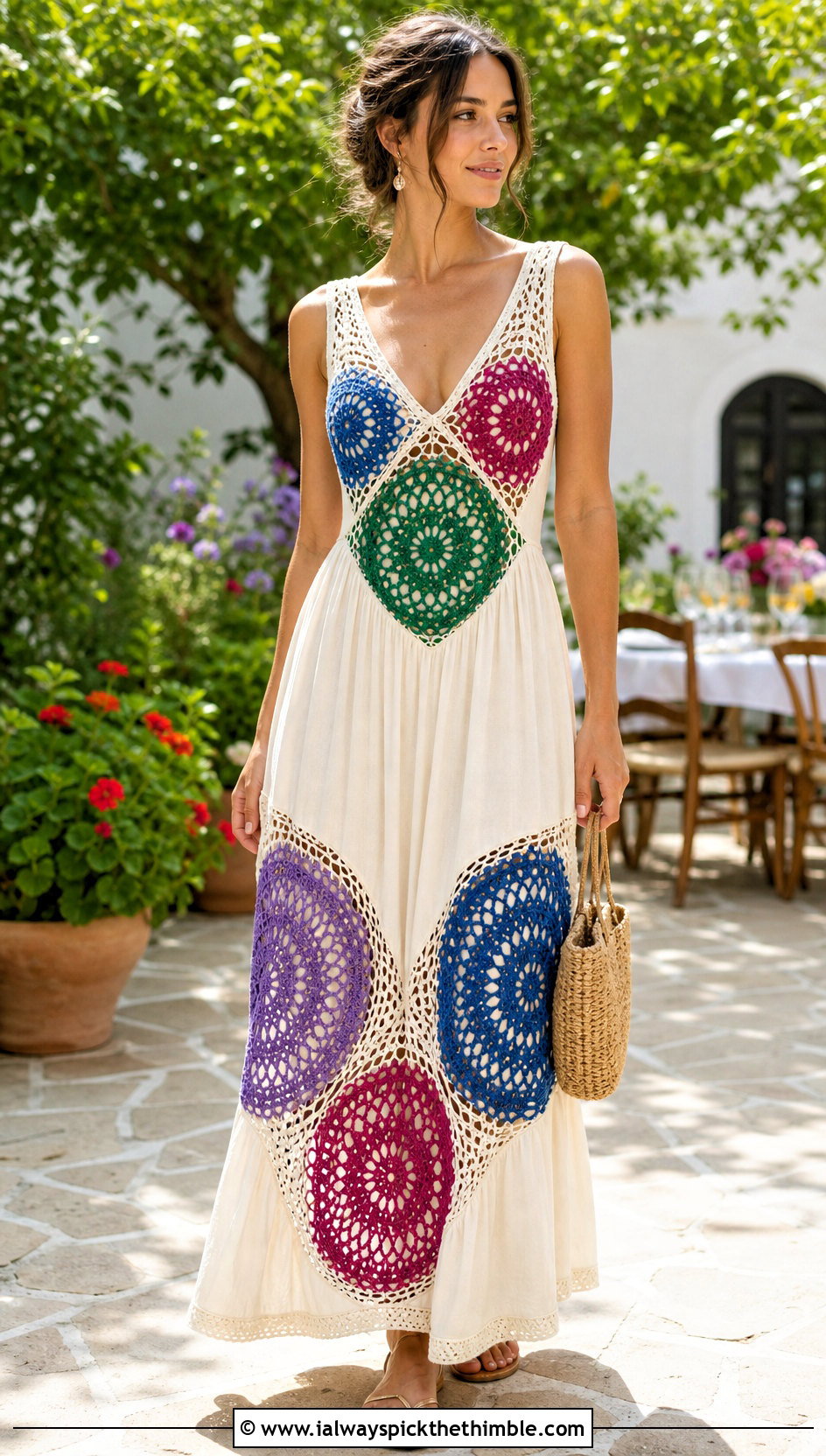 Upcycled Maxi Dress With Crochet Doily Panels And Flat Sandals - 20 upcycling clothes with crochet outfit ideas
