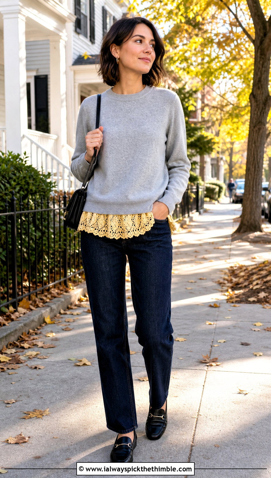 Upcycled Sweater With Crochet Ruffle Hem And Straight Leg Jeans - 20 upcycling clothes with crochet outfit ideas