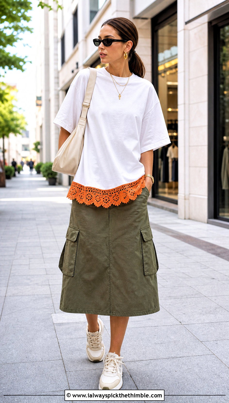 Upcycled T Shirt With Crochet Hem And A Cargo Midi Skirt - 20 upcycling clothes with crochet outfit ideas