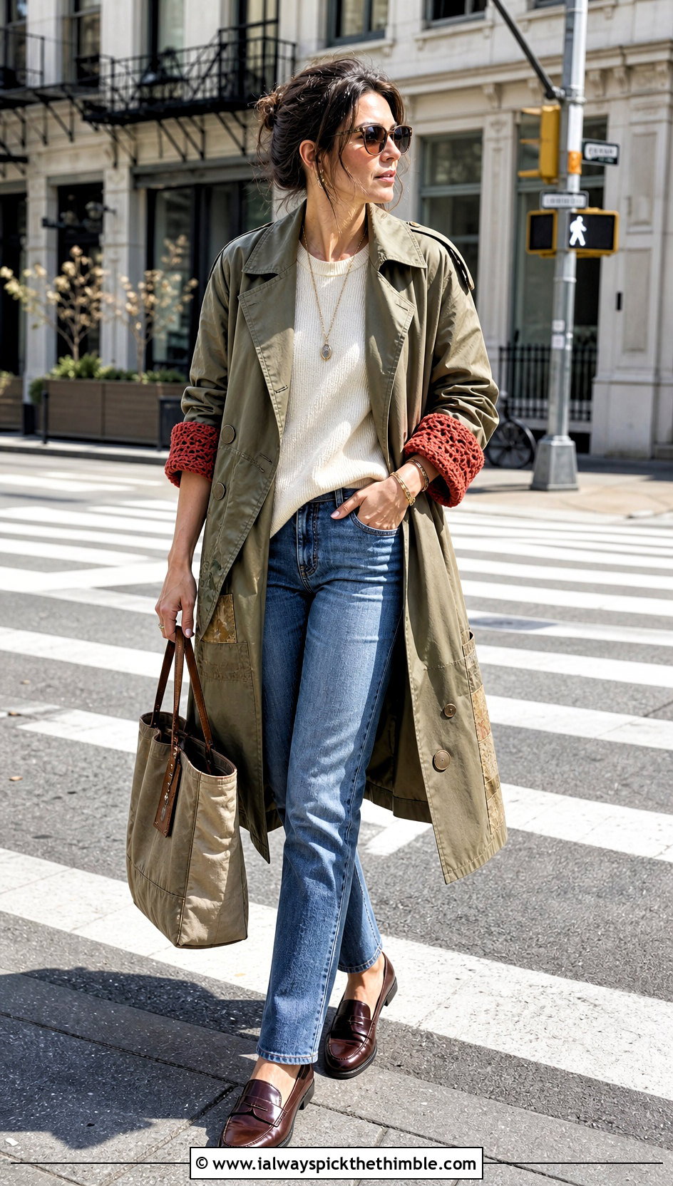 Upcycled Trench Coat With Crochet Cuffs And Straight Leg Jeans - 20 upcycling clothes with crochet outfit ideas