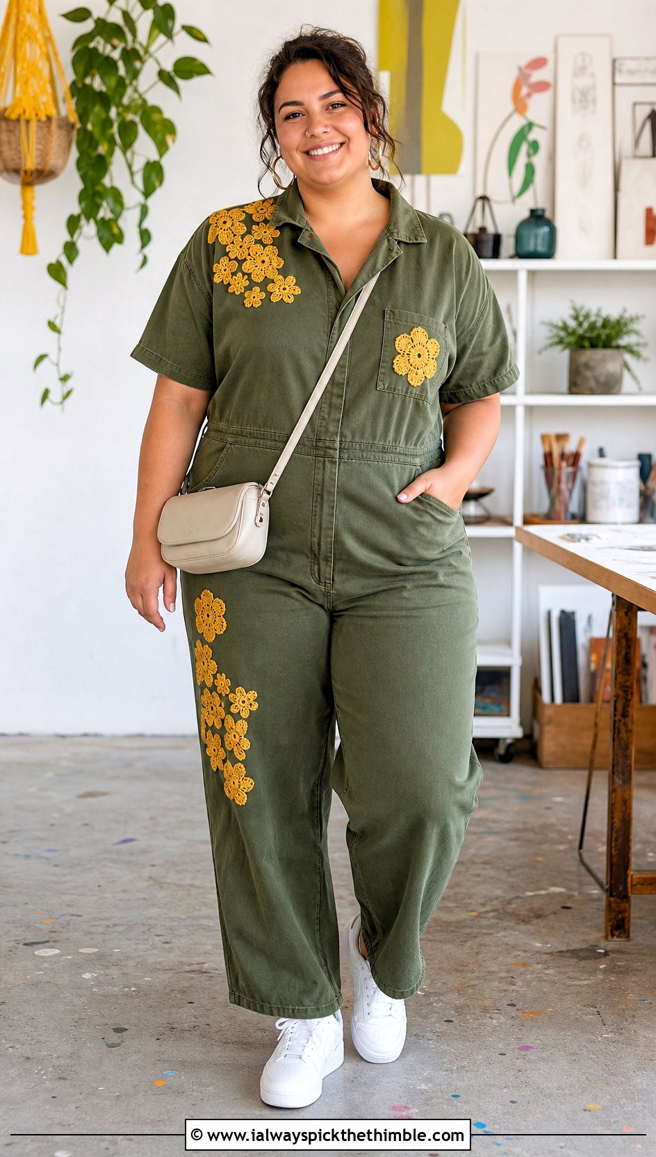 Upcycled Utility Jumpsuit With Crochet Appliques And Sneakers - 20 upcycling clothes with crochet outfit ideas