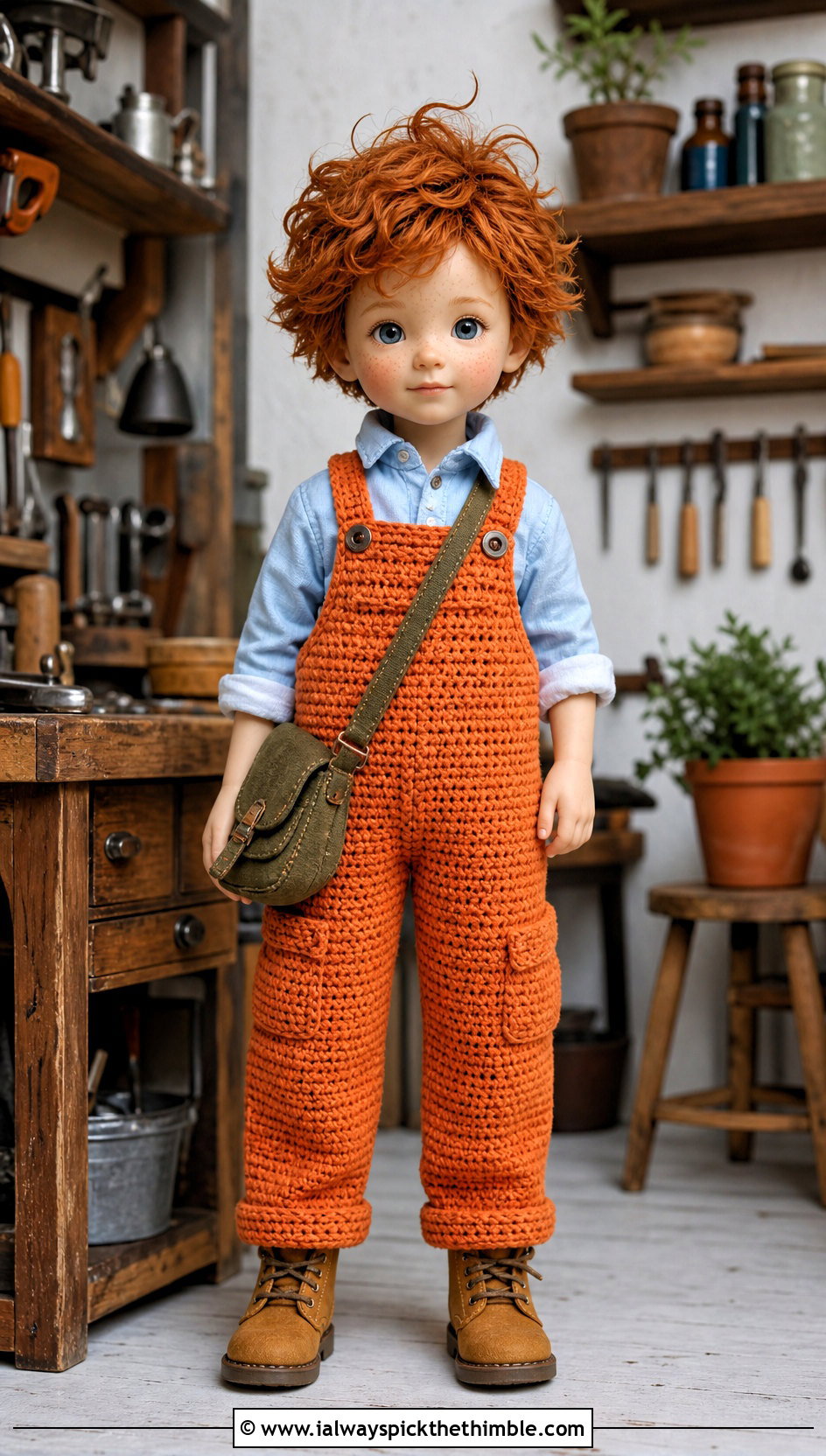 Utility Crochet Doll Overalls With Button Down Shirt - 20 crochet doll overalls outfit ideas