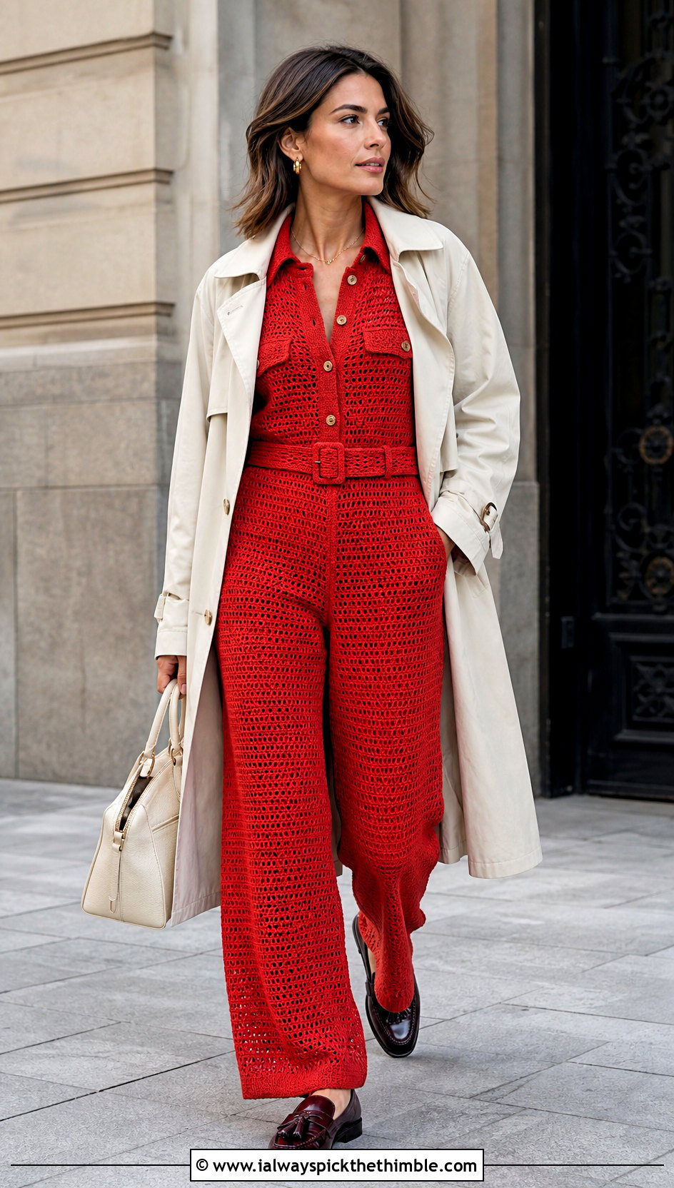 Utility Crochet Jumpsuit With Trench Coat - 20 Women Crochet Jumpsuit outfit ideas