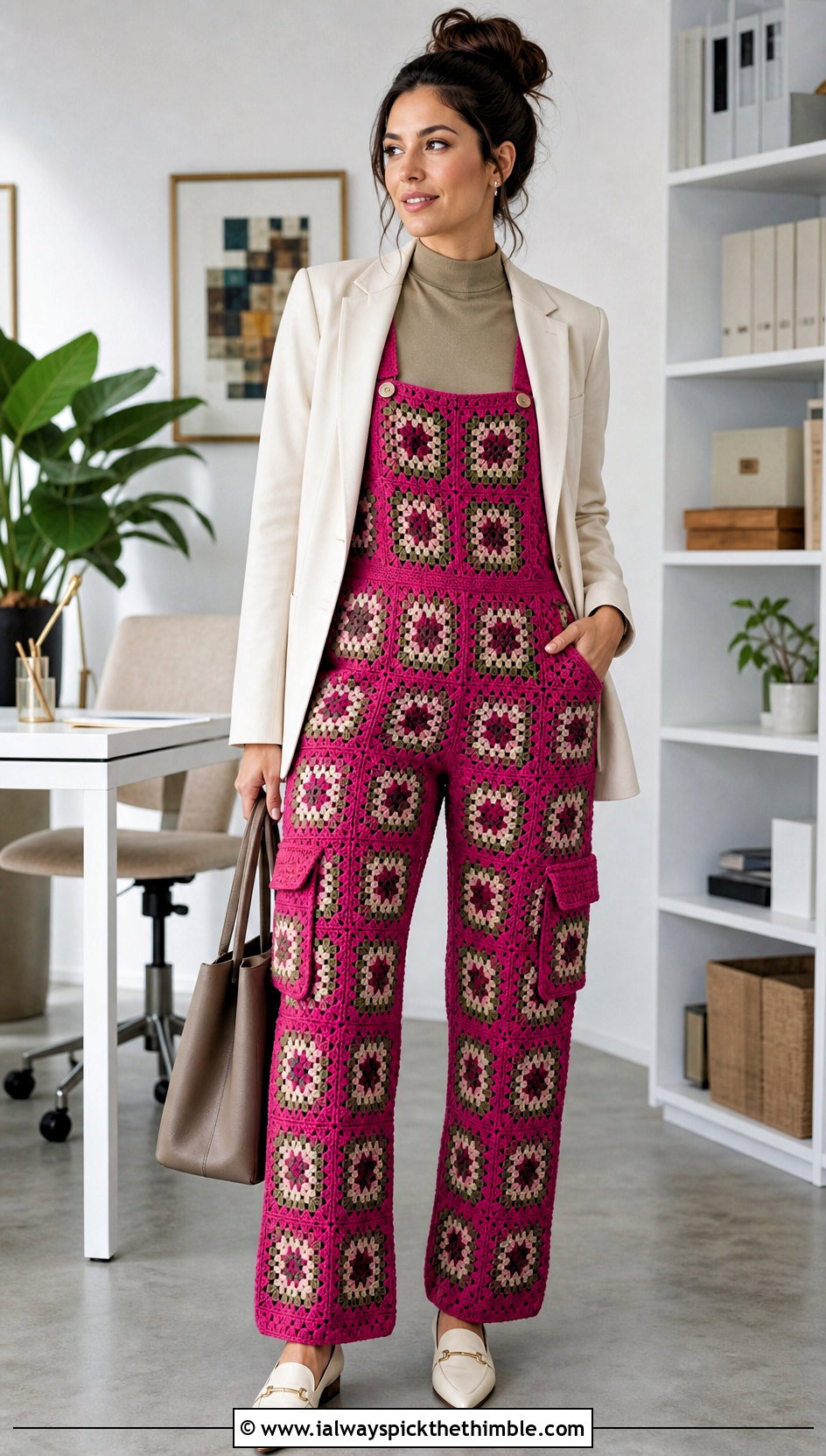 Utility Pocket Granny Square Crochet Overalls With Blazer - 20 Granny Square Crochet Overalls outfit ideas