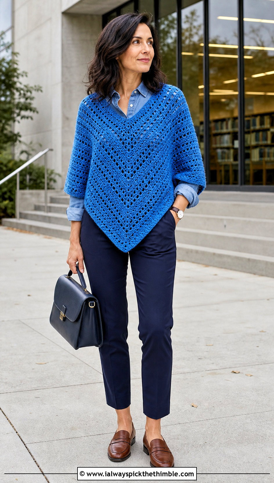 V Front Crochet Poncho With A Denim Shirt - 25 crochet poncho outfit ideas