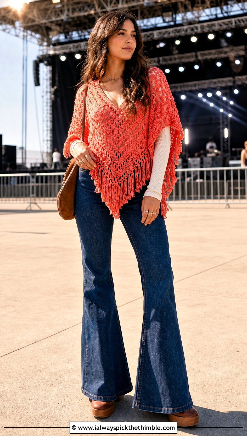 V Front Crochet Poncho With Flared Jeans - 20 Crochet For Poncho outfit ideas