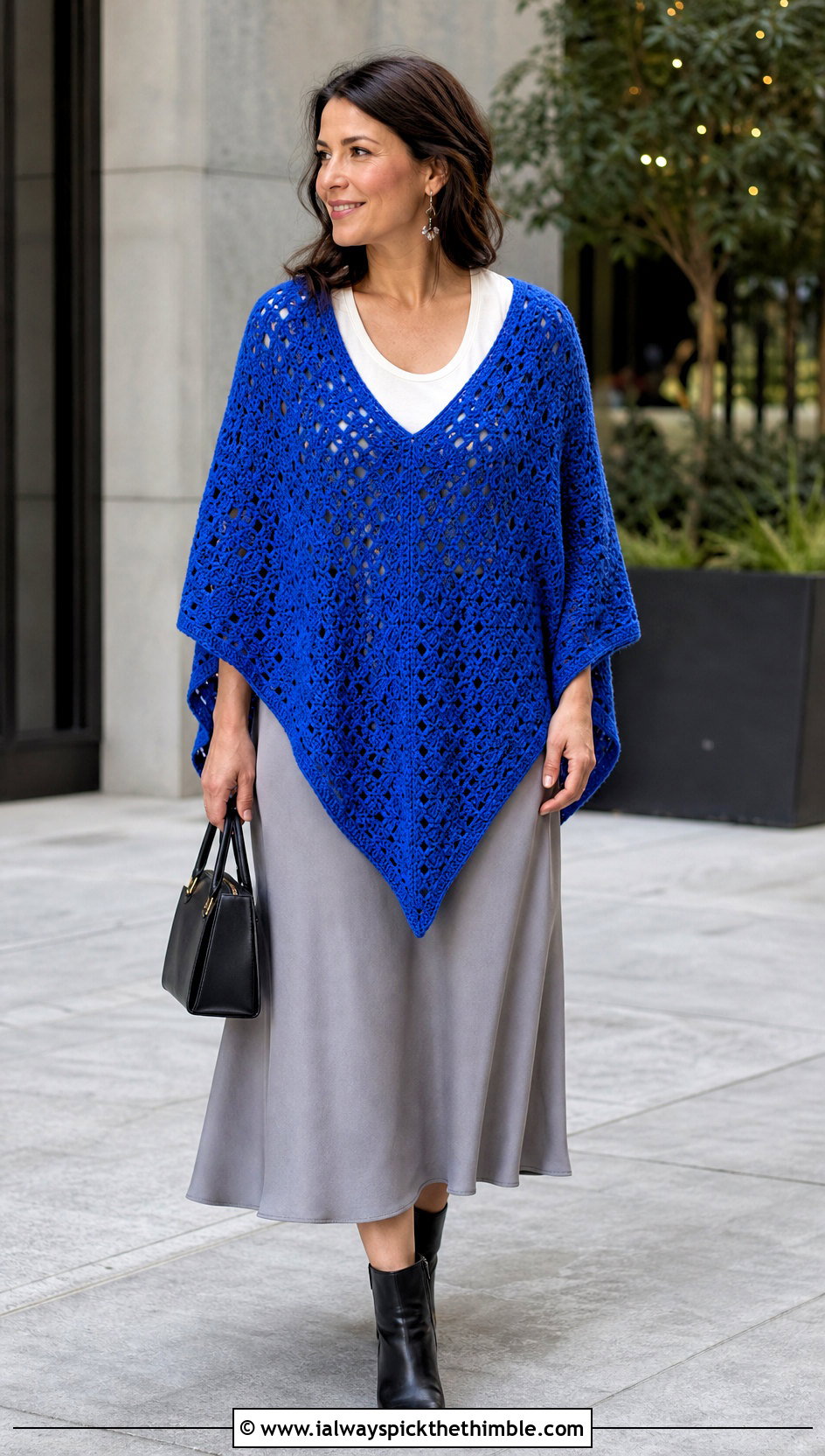 V Front Crochet Poncho With Midi Skirt - 20 ladies crochet poncho outfit ideas