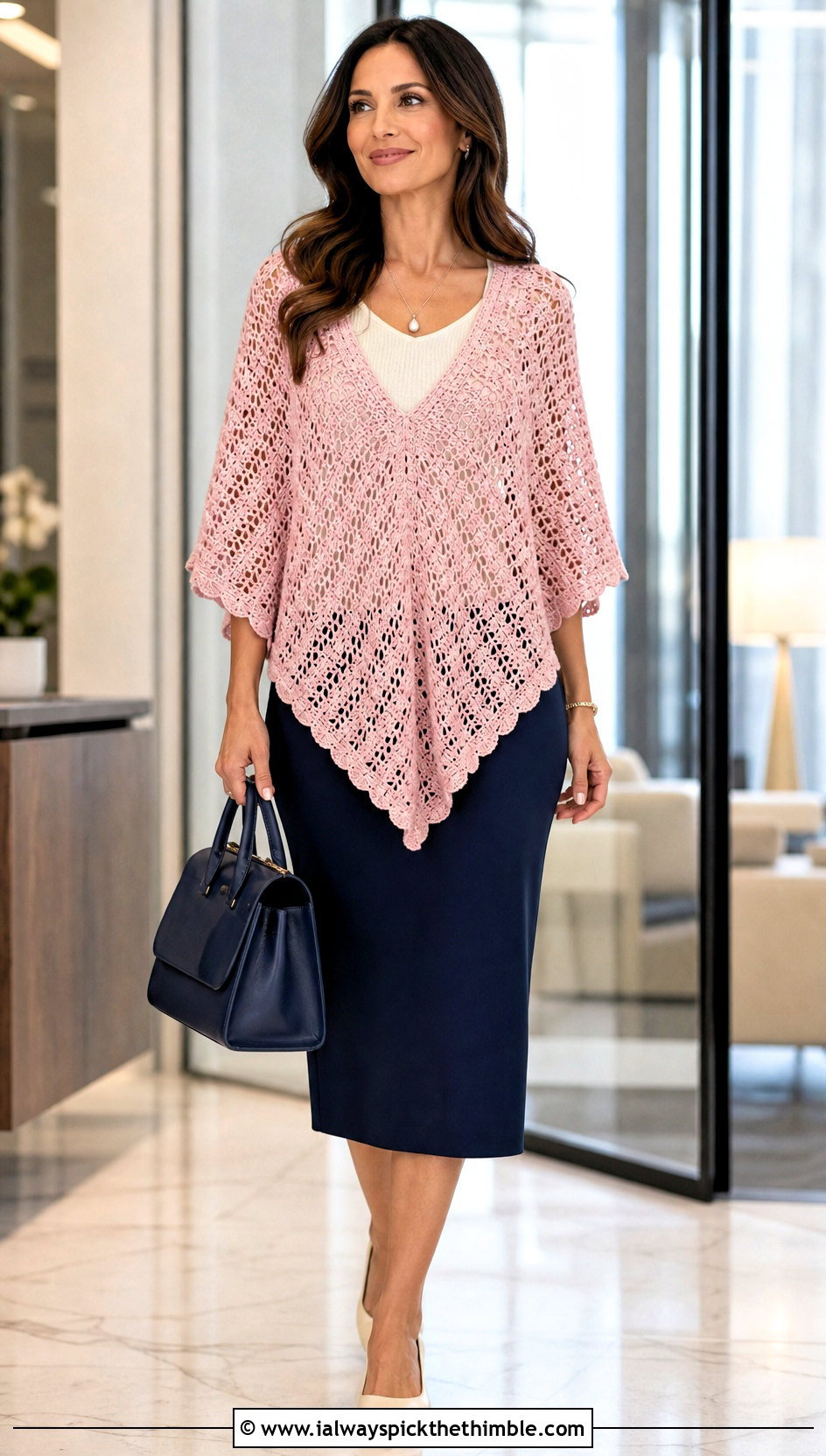 V Front Crochet Poncho With Pencil Skirt - 25 crochet ponchos outfit ideas