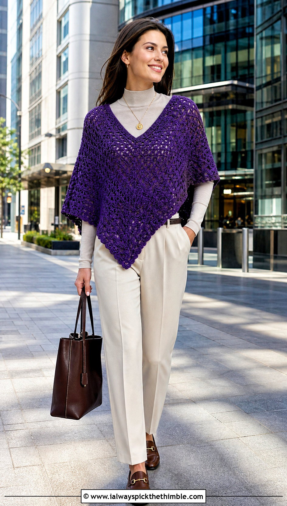 V Front Crochet Poncho With Pleated Trousers - 15 Modern Crochet Poncho outfit ideas