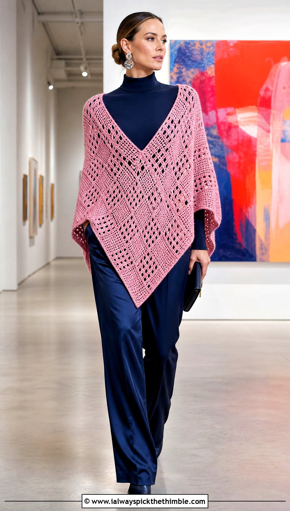 V Front Crochet Poncho With Satin Trousers - 20 woman winter crochet poncho outfit ideas