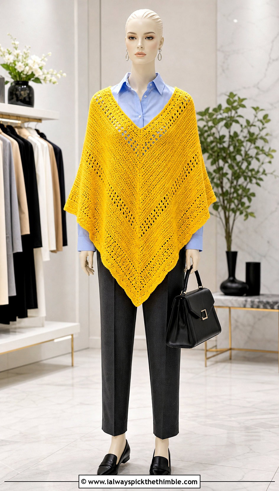 V Front Crochet Poncho With Tailored Trousers - 15 crochet poncho on mannequin outfit ideas