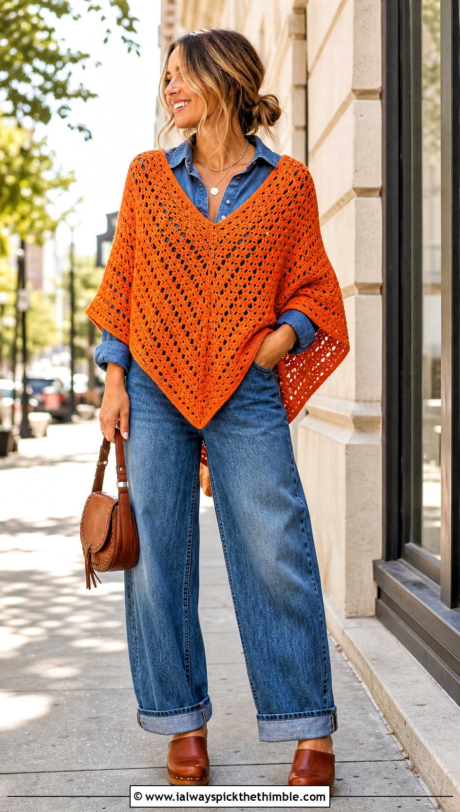 V Front Rectangle Crochet Poncho With Double Denim - 20 Crochet Fall Poncho outfit ideas