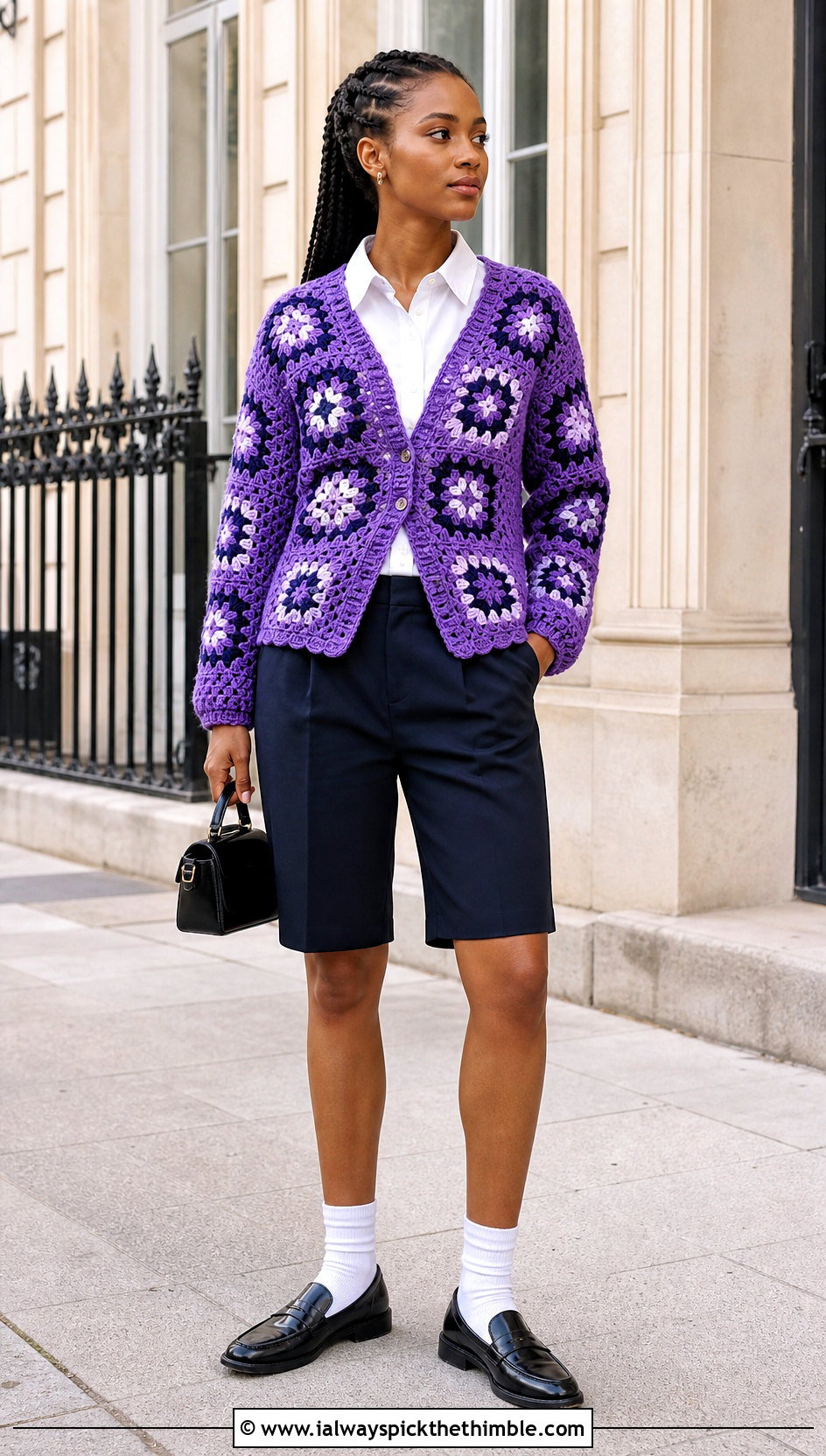 V Neck African Flower Granny Square Cardigan With Poplin Shirt And Shorts - 20 african flower granny square cardigan outfit ideas