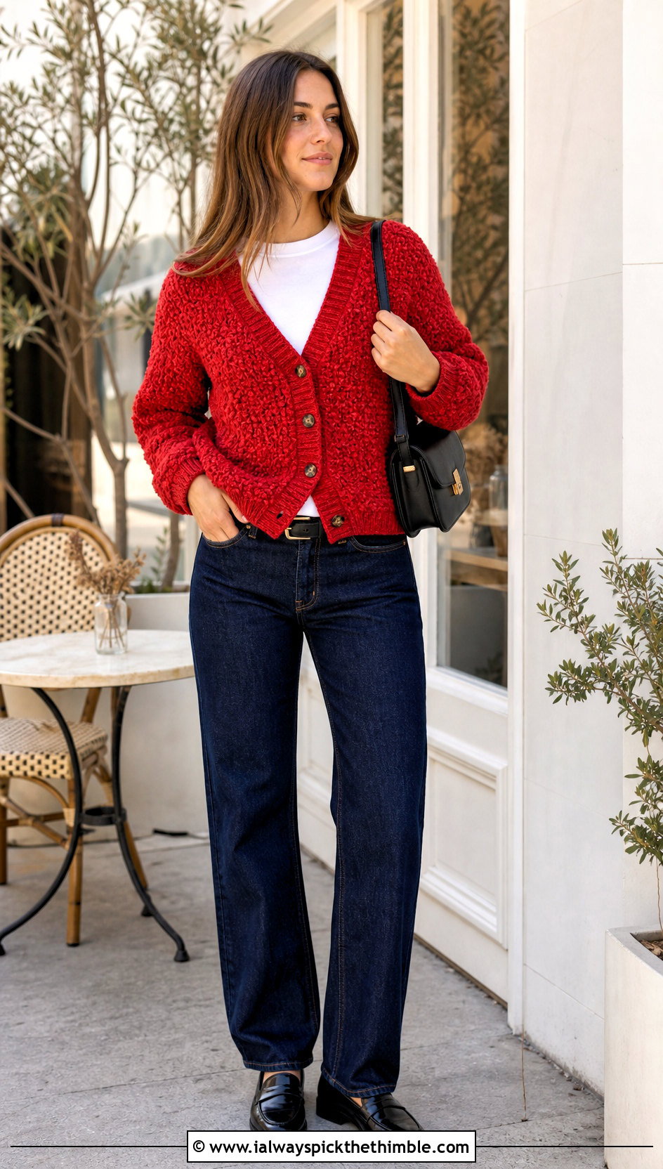 V Neck Alpine Stitch Crochet Cardigan With Straight Leg Jeans - 20 Alpine Stitch Crochet Cardigan outfit ideas