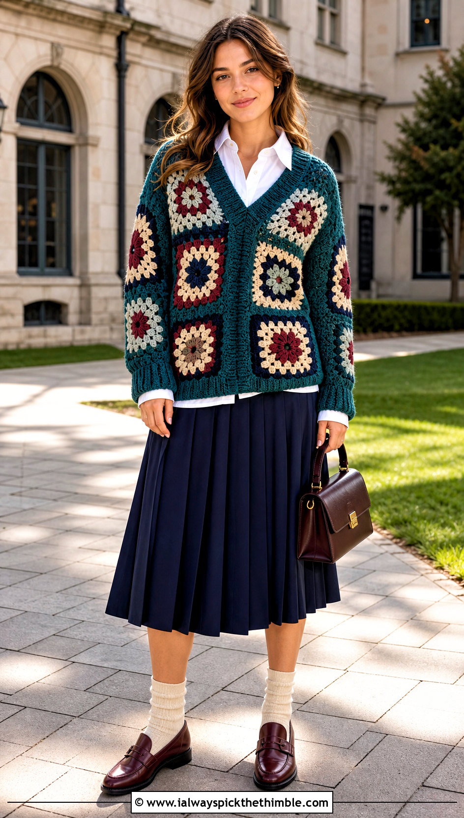 V Neck Big Granny Square Sweater With Pleated Skirt - 25 big granny square sweater outfit ideas